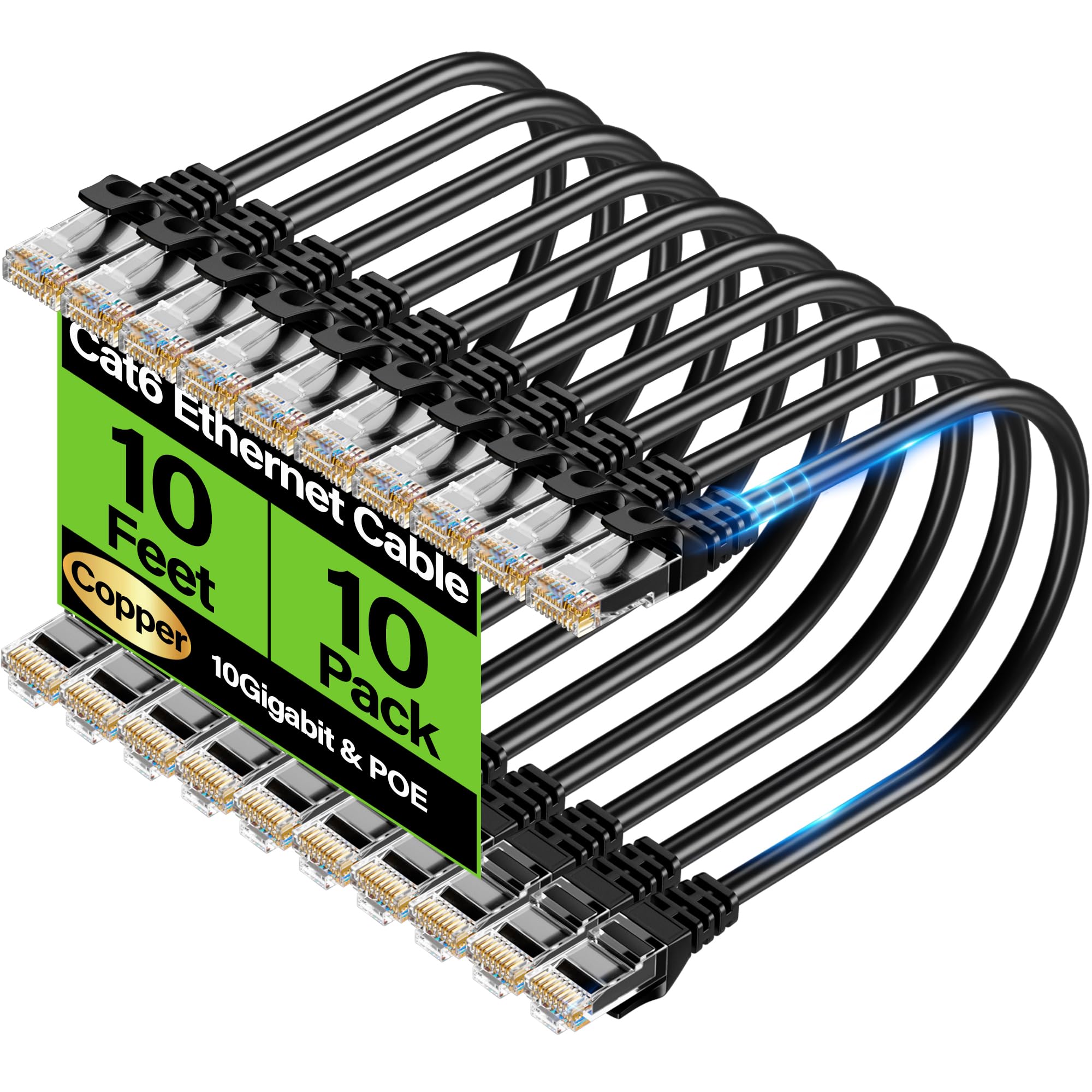 Kabel Ethernet Cat6 10 Gb/s, 3 m (10 szt.), kabel Ethernet UTP Cat 6, elastyczny kabel sieciowy Cat6 z czystej miedzi, kabel sieciowy Cat 6 do serwera, centrum danych, czarny