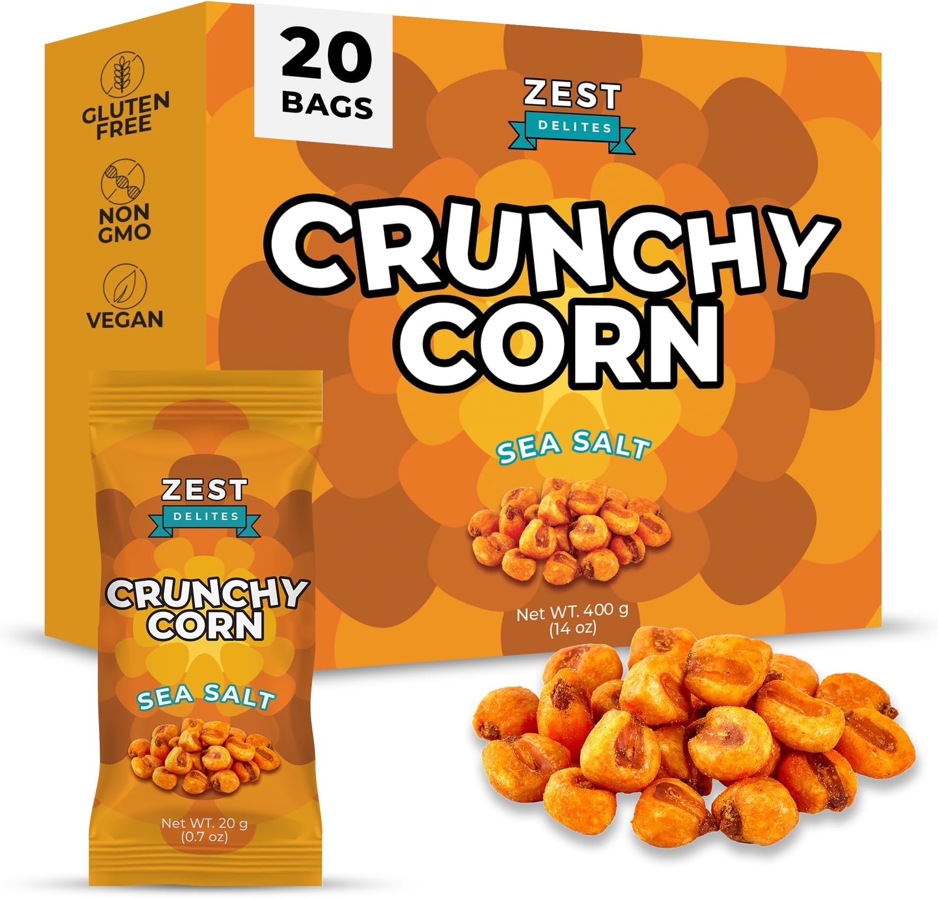 Crunchy Corn Snacks by Zest Delites, Sea Salt Roasted Corn, 20 g x 20 Packs, Healthy Snacks for Adults & Kids, Nuts-Like Crunch, Gluten Free, Vegan, NON-GMO
