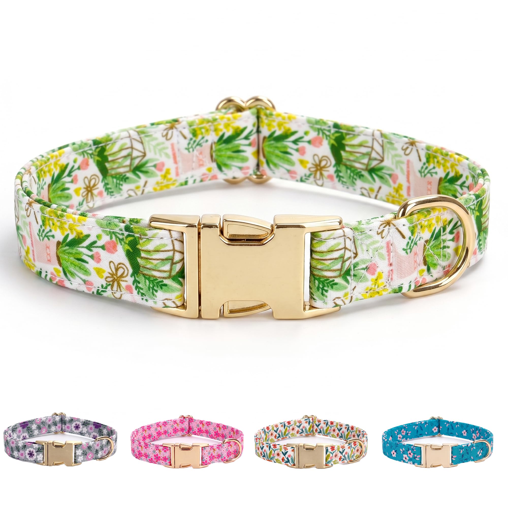 AIITLE Durable Dog Collar for Medium Large Dogs， Adjustable Metal Buckle Collar with Vibrant Printed Pattern， Cute Spring Summer Design for Active Boy Girl Dogs Outdoor, Green M