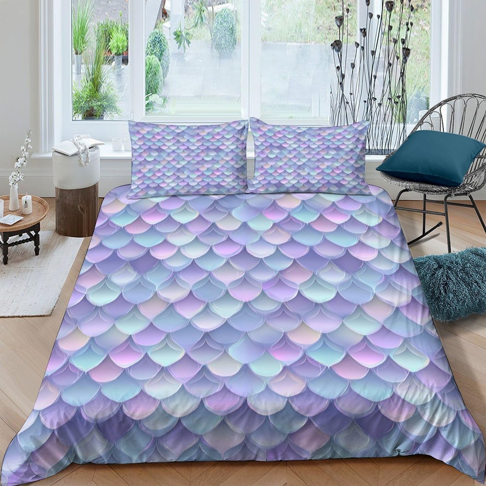Ctjqhvkz Style-9 3D Printed Mermaid Scales Fitted Sheet Microfiber Pastel Iridescent Mattress Cover For Bedroom Dorm Decor Single（135X200cm）