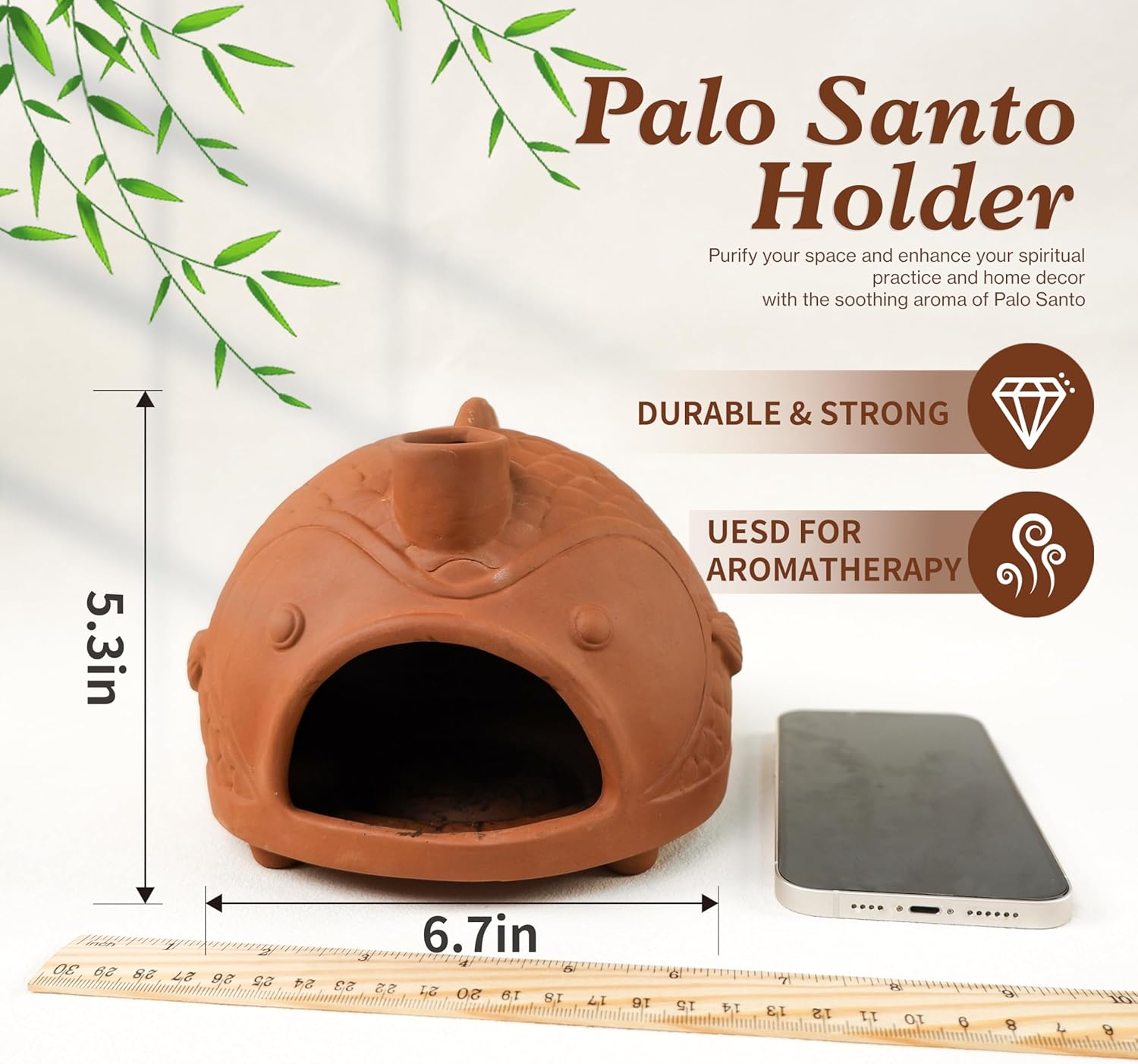 MOUGIGI Large Fish-Shaped Terracotta Palo Santo Holder - Cone Burner for Sage,Chiminea Incense Dish with Chimney,Ideal for Meditation, Zen, Yoga, Spa & Wellness | Anxiety & Stress Relief Items