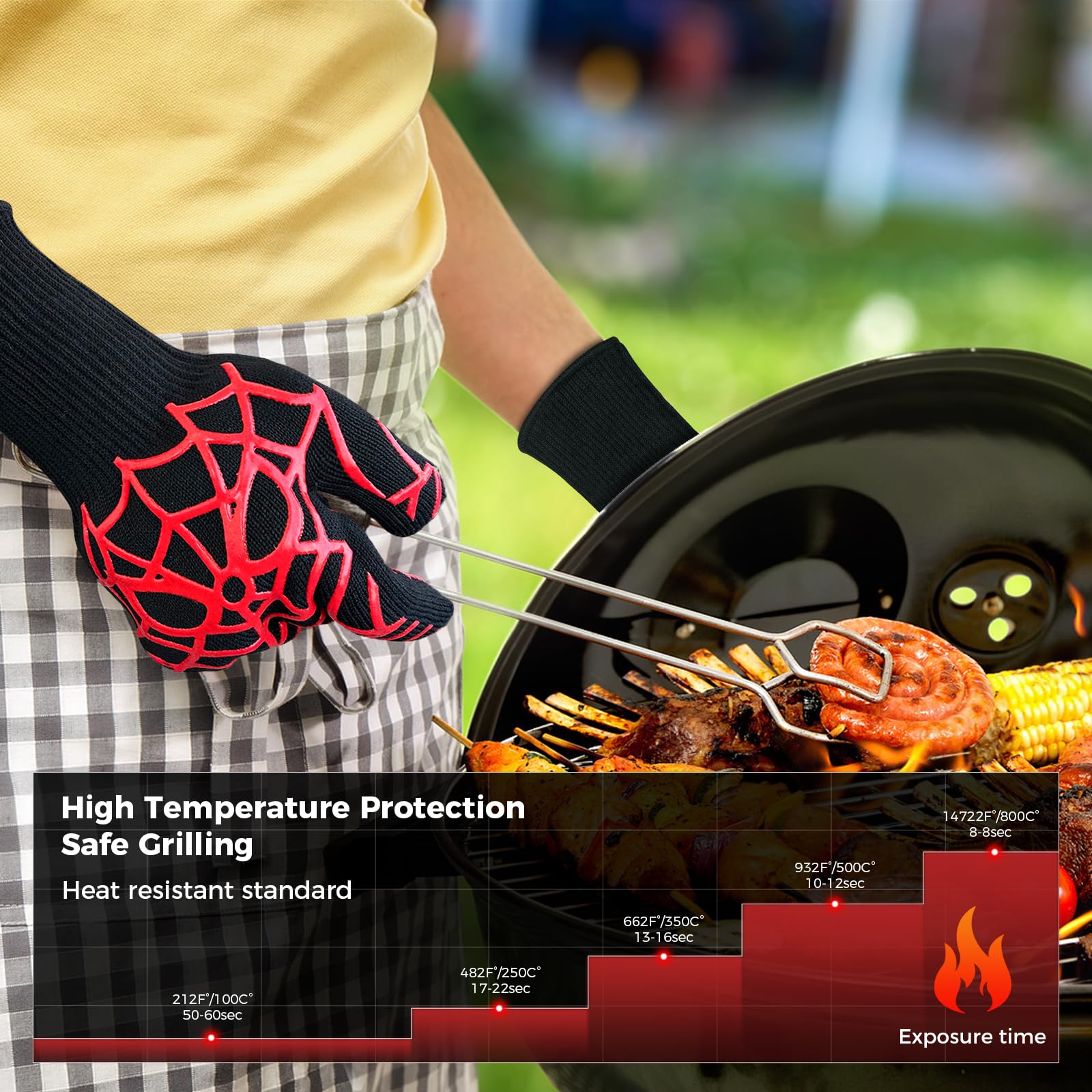 Newding 2 Pcs BBQ Gloves and Oven Gloves, Extreme Heat Resistant to 800C, Non-Slip Silicone Grilling Mitts for Barbecue Baking - Image 2