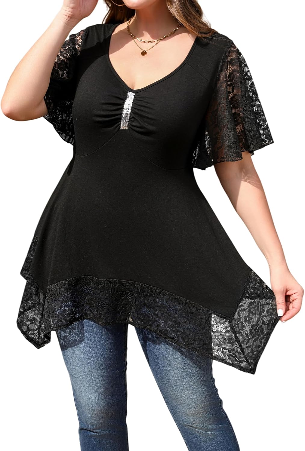ZNU Women Plus Size Lace Trim Short Sleeve Summer Shirt 2025, V Neck Sequins Tops Casual Party T-Shirt Flowy Tunic