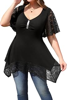 Damen Große Größen Spitze Trim Kurzarm Sommer Shirt 2025, V Neck Pailletten Tops Casual Party T-Shirt Flowy Tunika