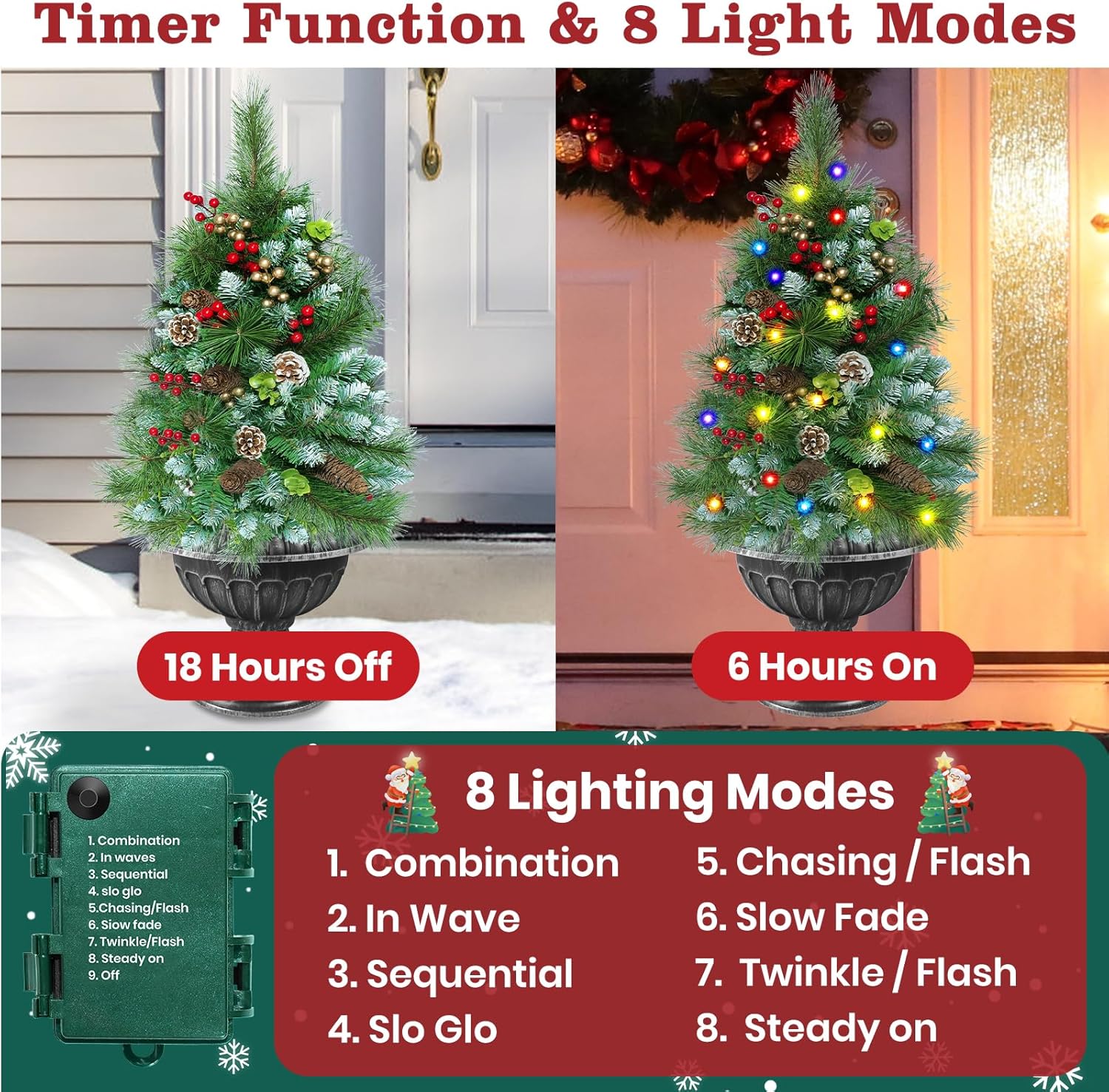 2 Pack 30 Inch Outdoor Pathway Christmas Trees, Artificial Christmas Urn Filler with Lights, Timer, 8 Modes, Red Berries & Pine Cones Holiday Xmas Decorations for Porch Driveway Yard