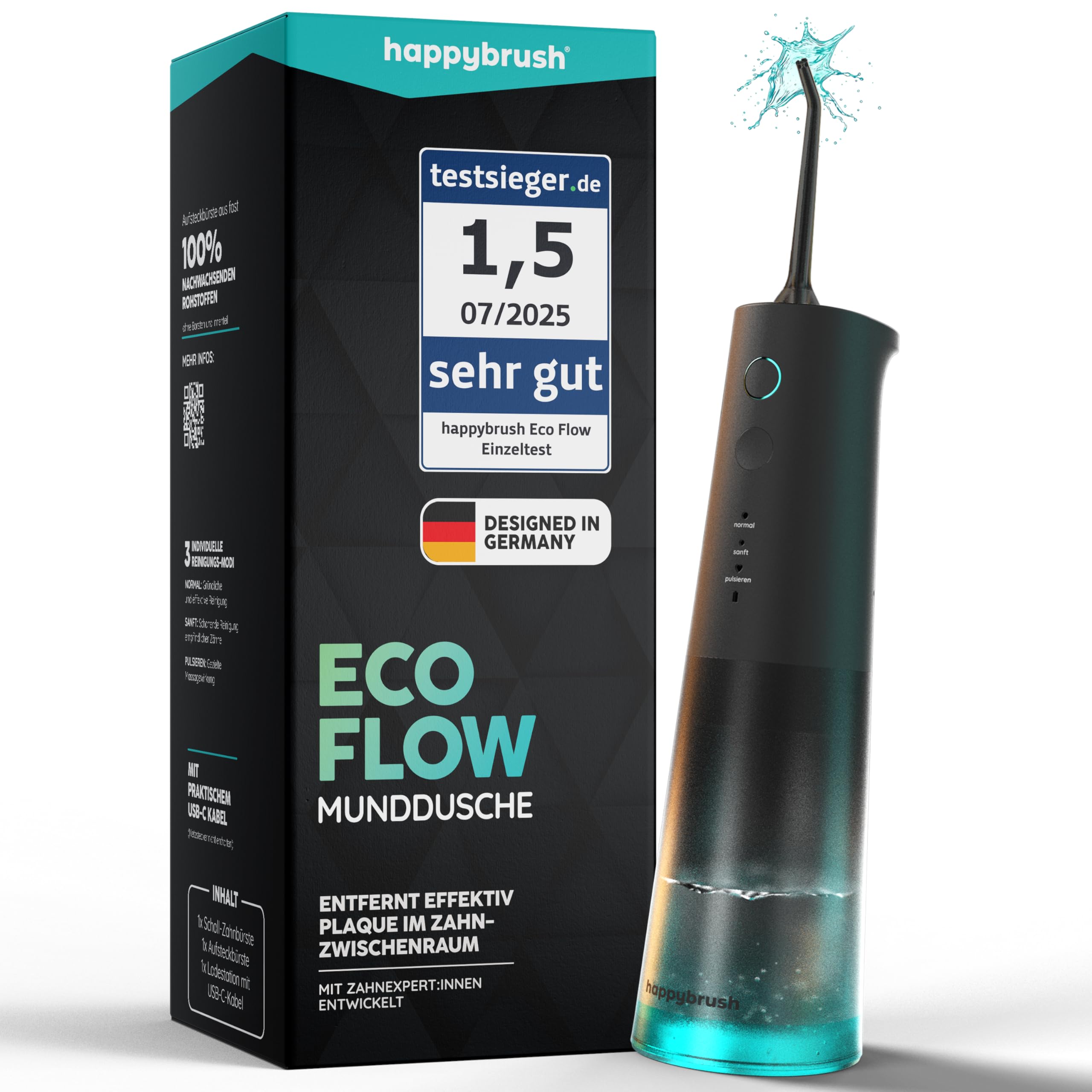 happybrush® Munddusche - TESTSIEGER* – 100 Tage testen - Kabelloser Water Flosser für Zahnreinigung & Zahnzwischenräume – Effektiver Irrigator für gesunde Mundhygiene