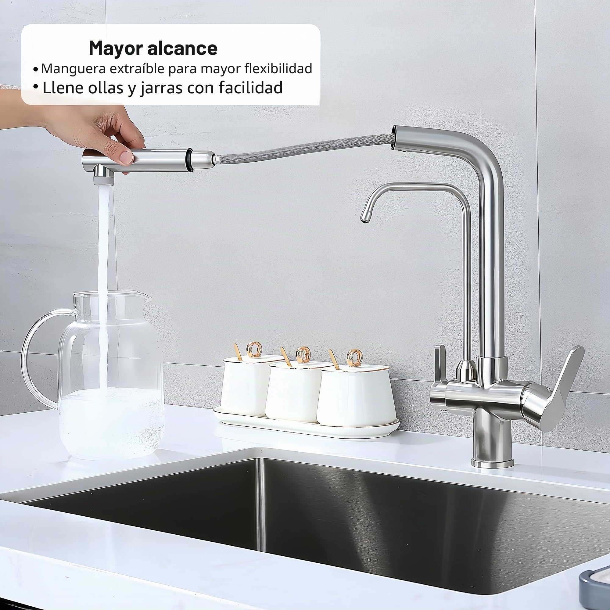 Grifo de Cocina Ósmosis 3 Vías con Ducha Extraíble, Giratorio 360°, Grifo Fregadero 3 en 1 para Agua Fría/Caliente y Agua Filtrada, Grifo para Ósmosis (cepillado)