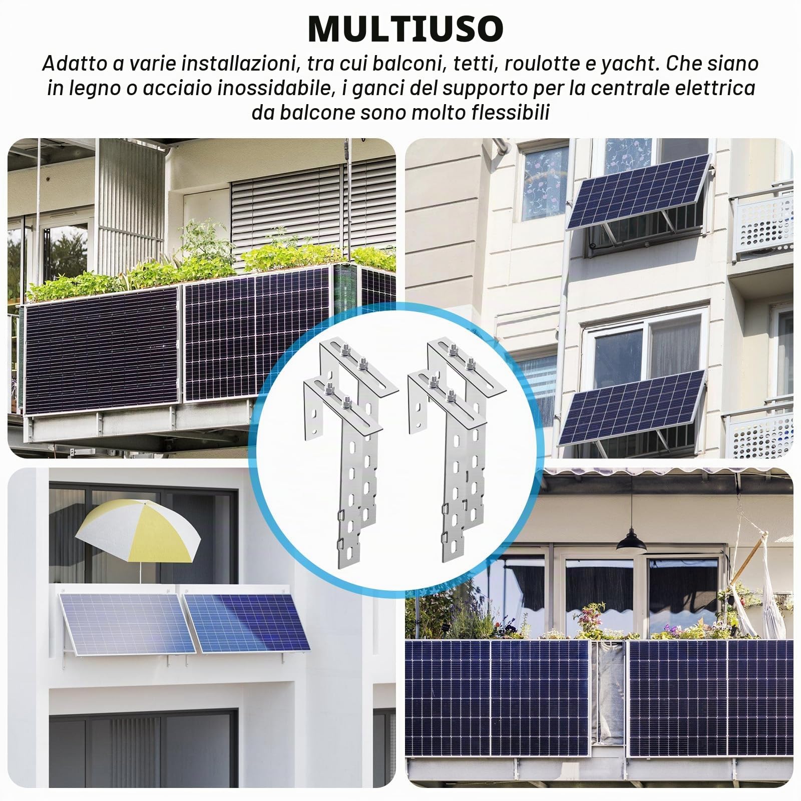 Ganci per Supporto Pannello Solare, 4 Pezzi Kit Ganci per Pannello Fotovoltaico, Staffe per Pannelli Solari da Balcone, Fissaggio Robusto Senza Fori, Supporto in Acciaio Inox per Moduli Fotovoltaici