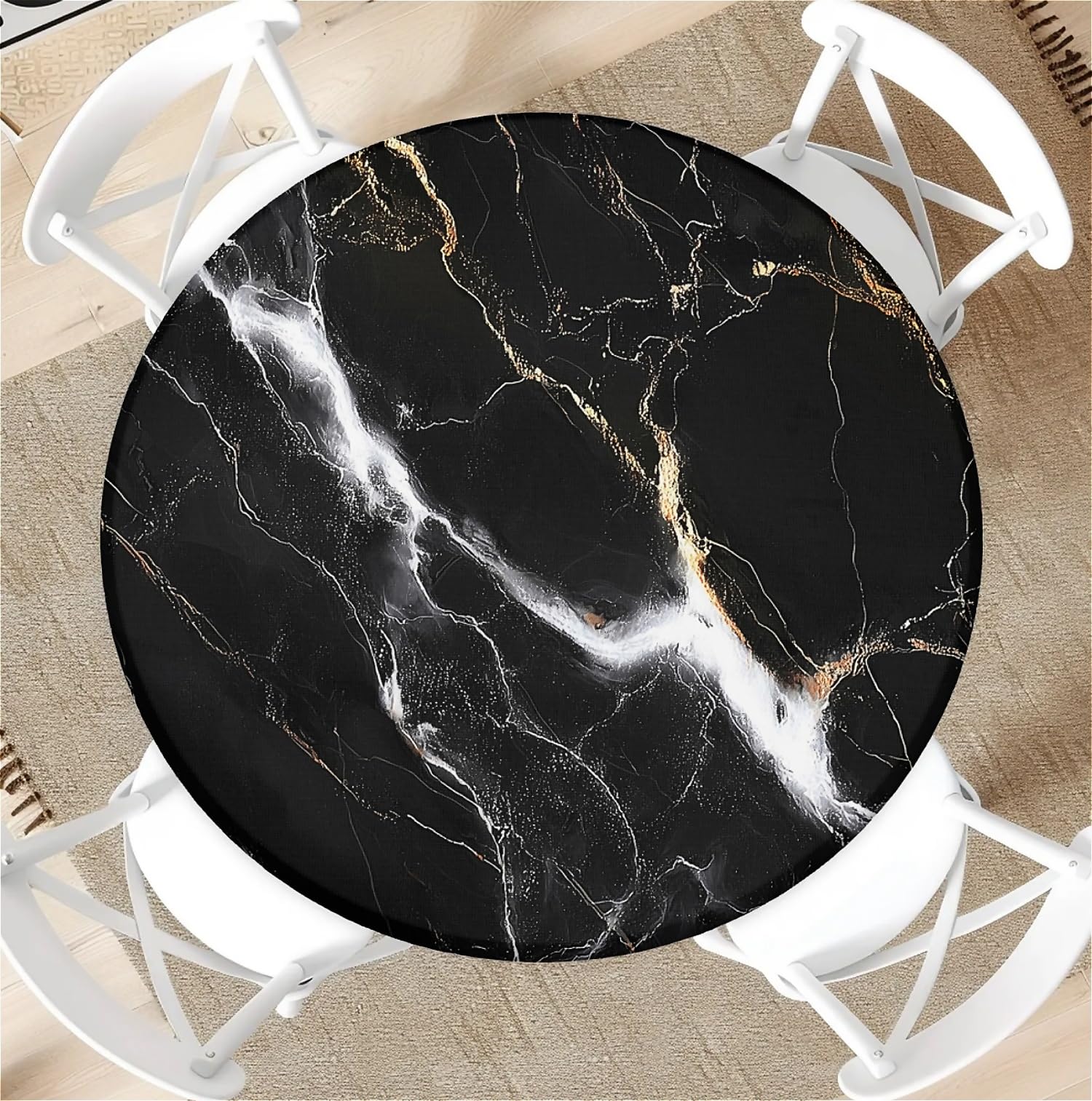 Round Tablecloth with Elastic Edge 36 Inch Waterproof Outdoor Fitted Table Cover for Dining, Kitchen, Party –Black Marble Decorative Patterned Table Protector