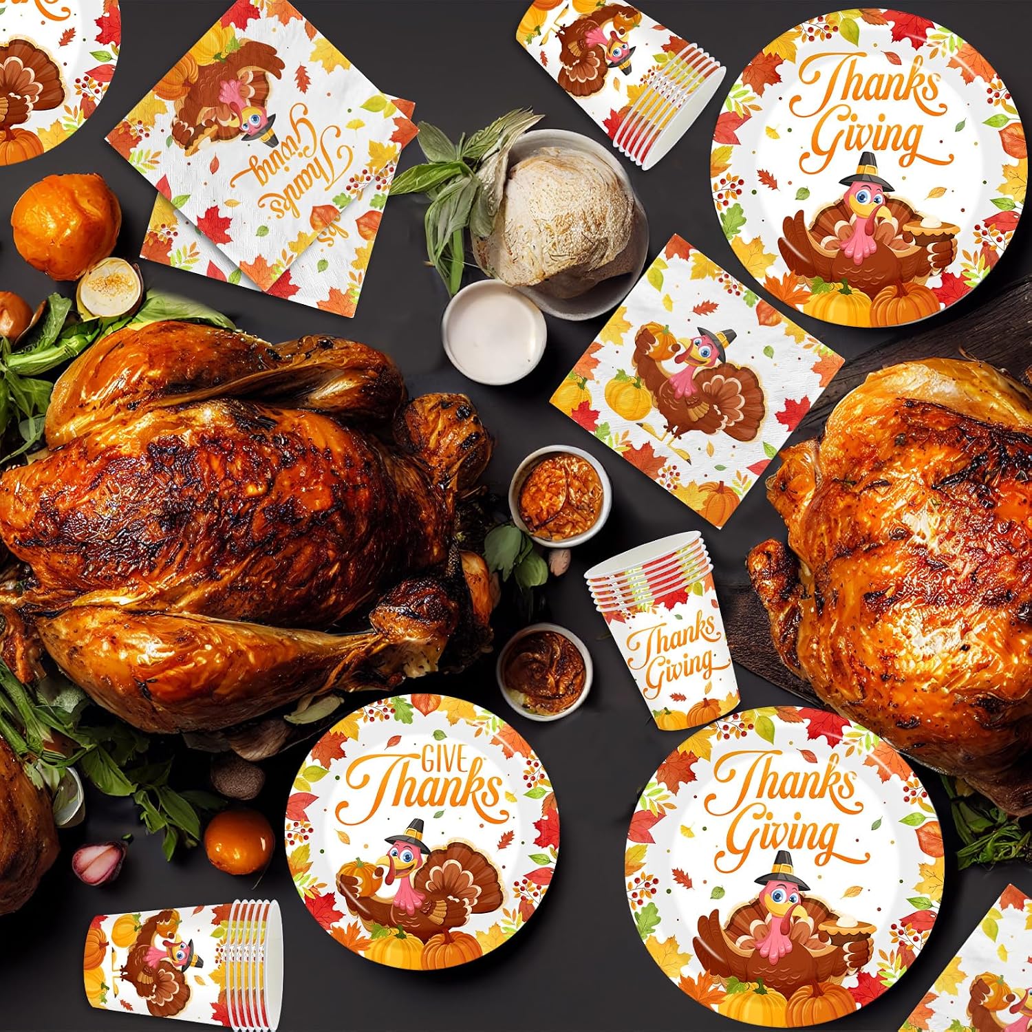 Thanksgiving Plates and Napkins,Give Thanks Tableware Turkey Plates and Napkins Cups for Thanks Giving Party Supplies,Serves 24