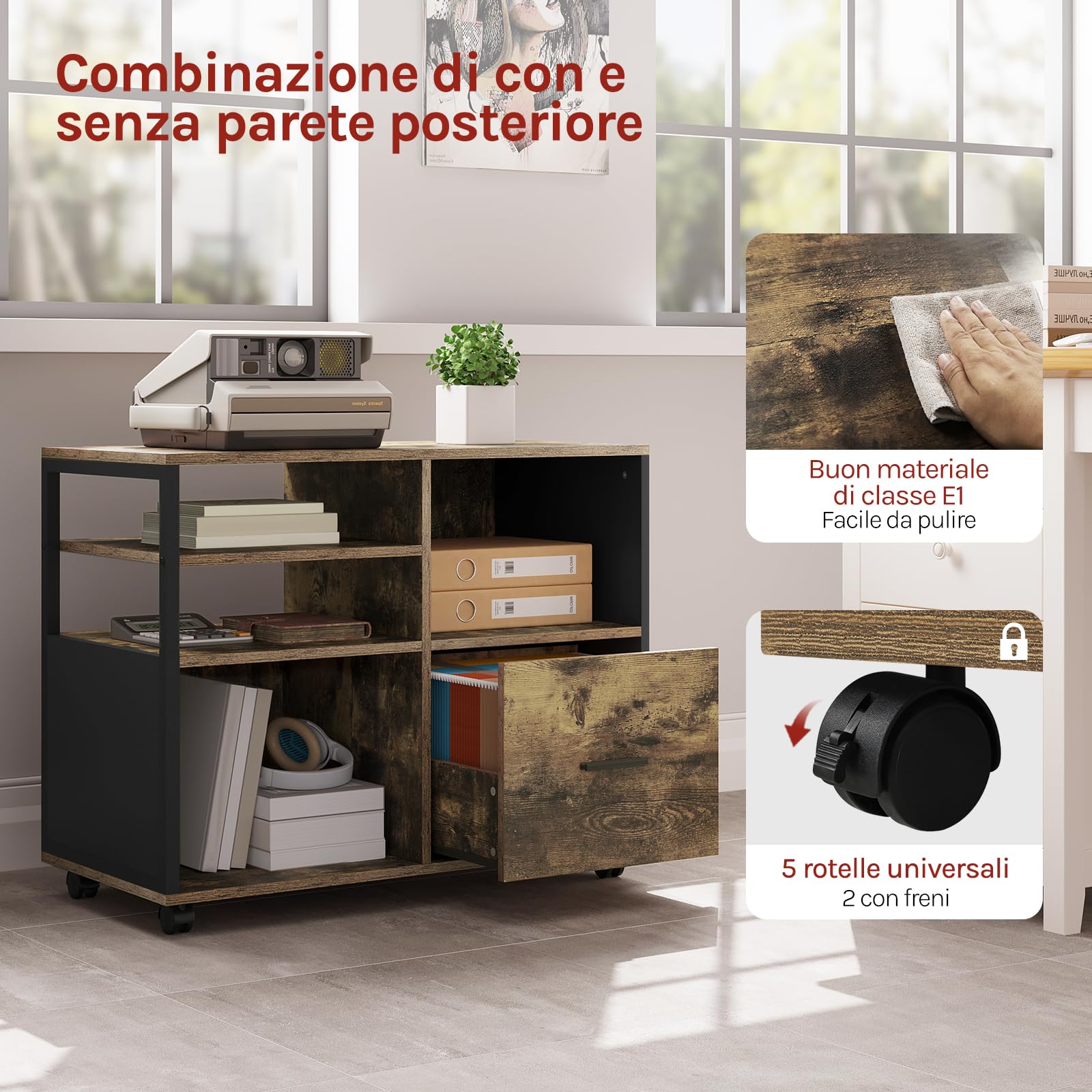 WOLTU Schedario da Ufficio con 4 Scomparti a Giorno, Mobile da Ufficio per Documenti con Ruote, Mobile Vintage per Stampante con 1 Cassetto, in Legno e Metallo, Marrone Rustico e Nero, ASK05hov