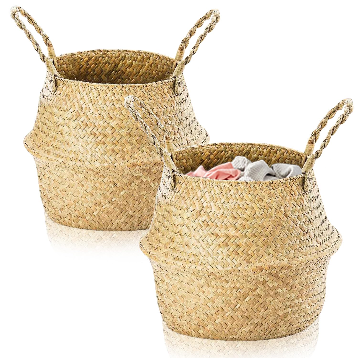 Exquilnova 2PCS Seagrass Storage Baskets,Small Laundry Basket,Baskets for Shelves,Foldable Rattan Storage Box,Wicker Basket with Handle,Wicker Plant Pot for Living Room,Bedroom,Bathroom (XL 30x35)