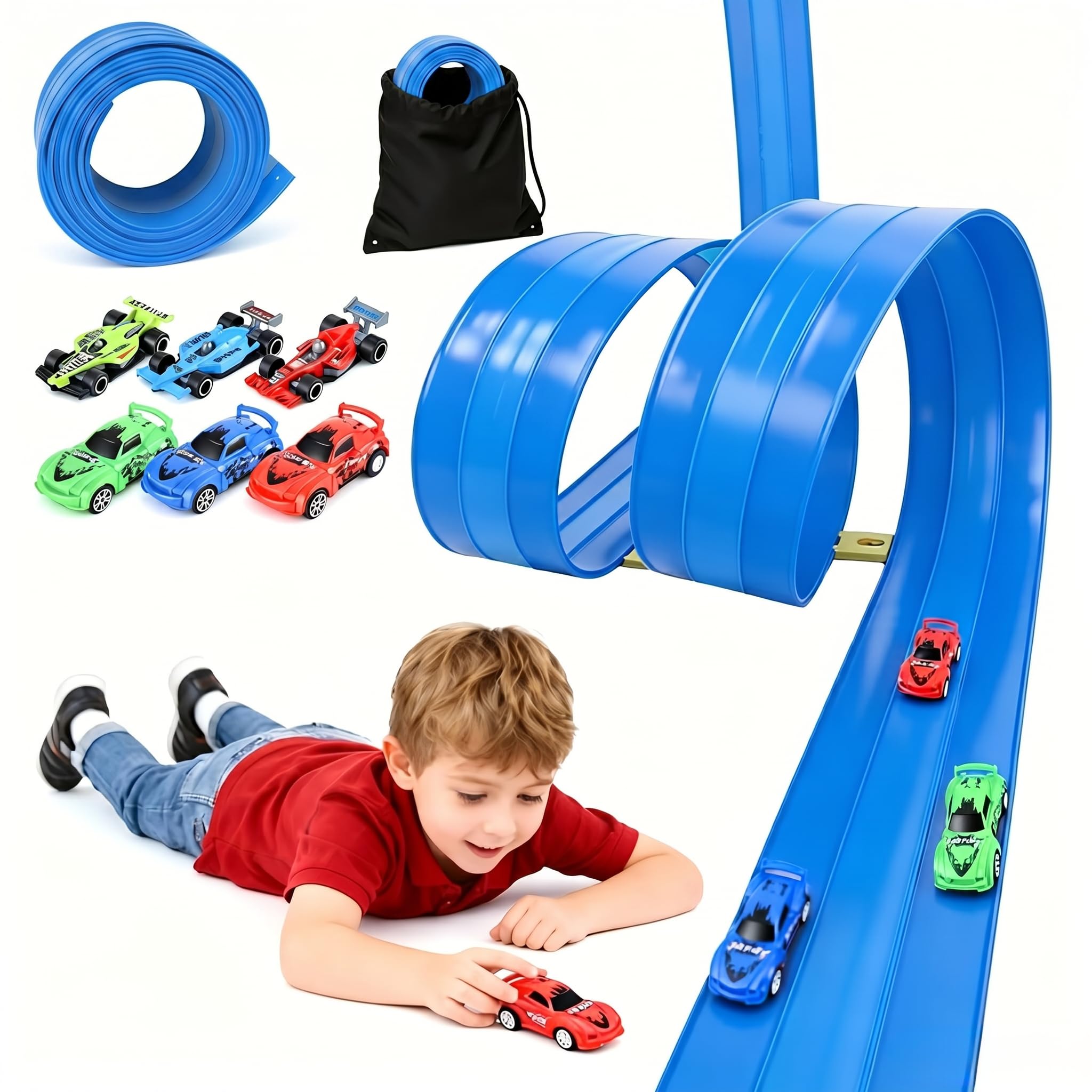 Flexible 3 Track Racing Track for Kids, 5m Roll-up Race Track with 6 Cars, Battery-Free Set No Assembly, Compatible with 1:64 Diecast Models, Gift for Boys and Girls from 3 to 12 Years