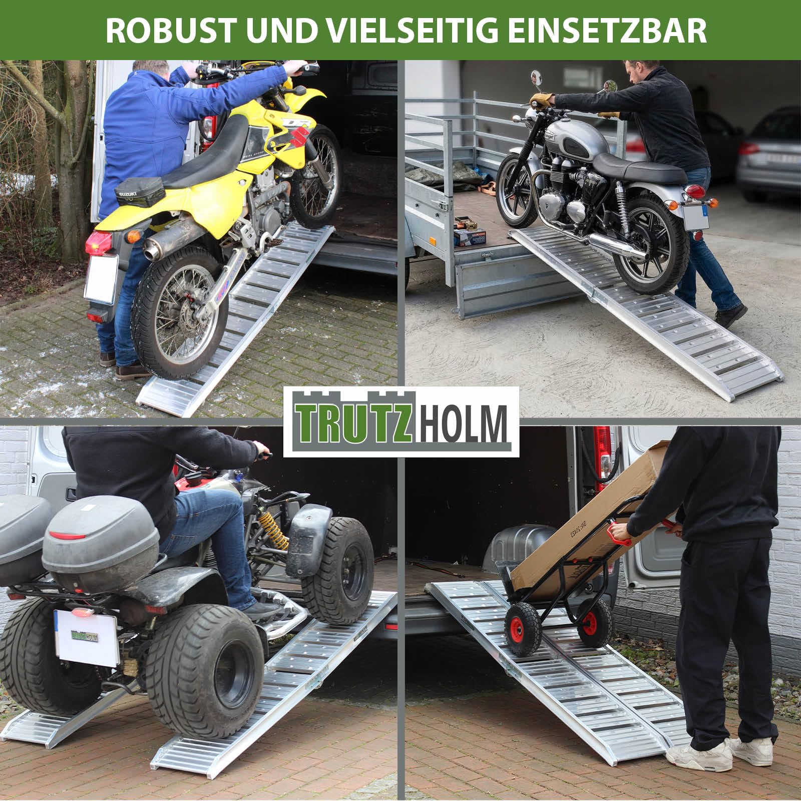 TRUTZHOLM 1x Auffahrrampe klappbar 180 cm Traglast 200 kg Aluminium-Rampe Motorradrampe mit Lamellenstanzung Auflage mit Einhaksystem Verladerampe für Moped Roller E-Bike