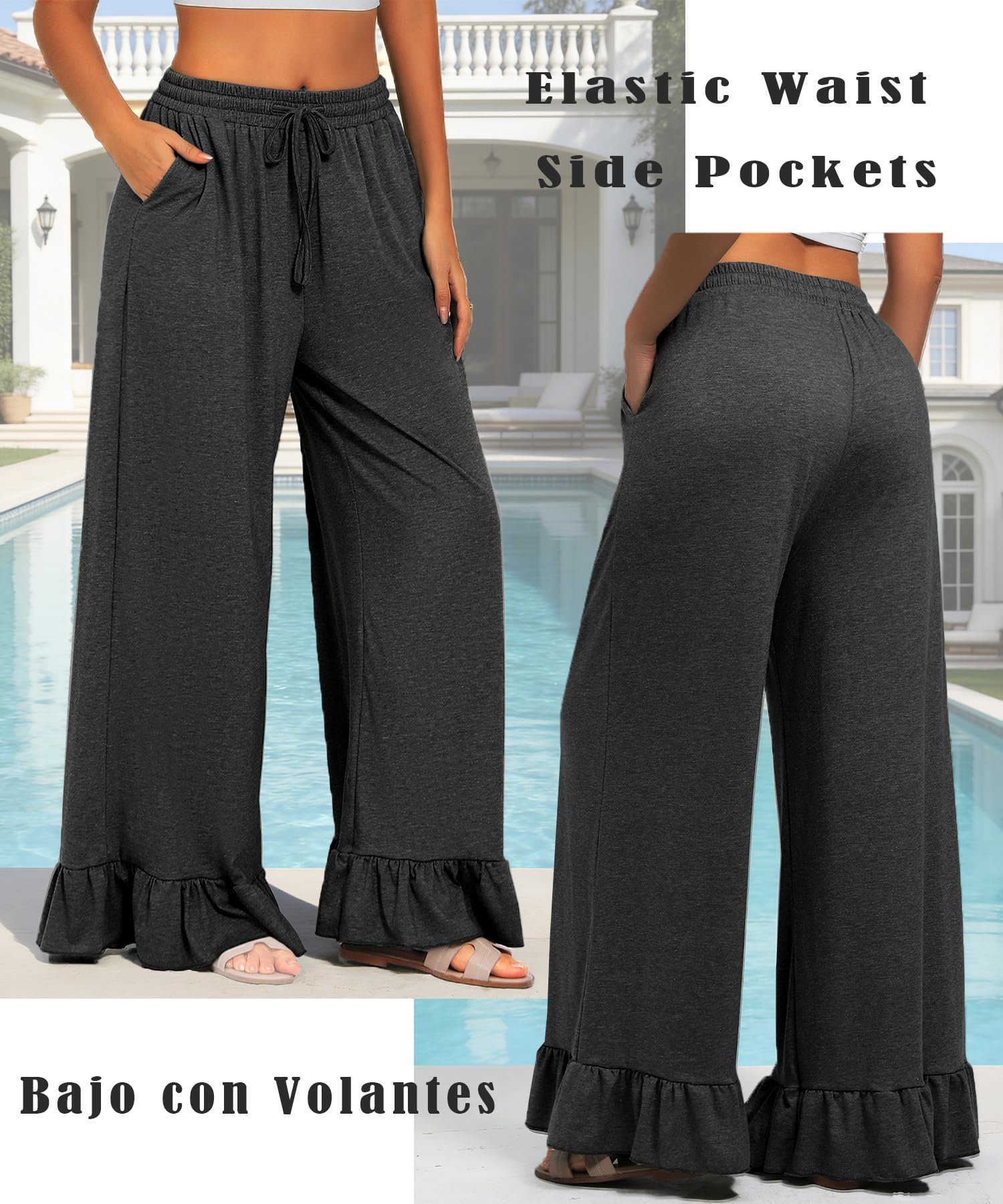 Navneet Pantalones Palazzo Mujer Verano Cintura Alta Volantes Bolsillos Bohemio Playa