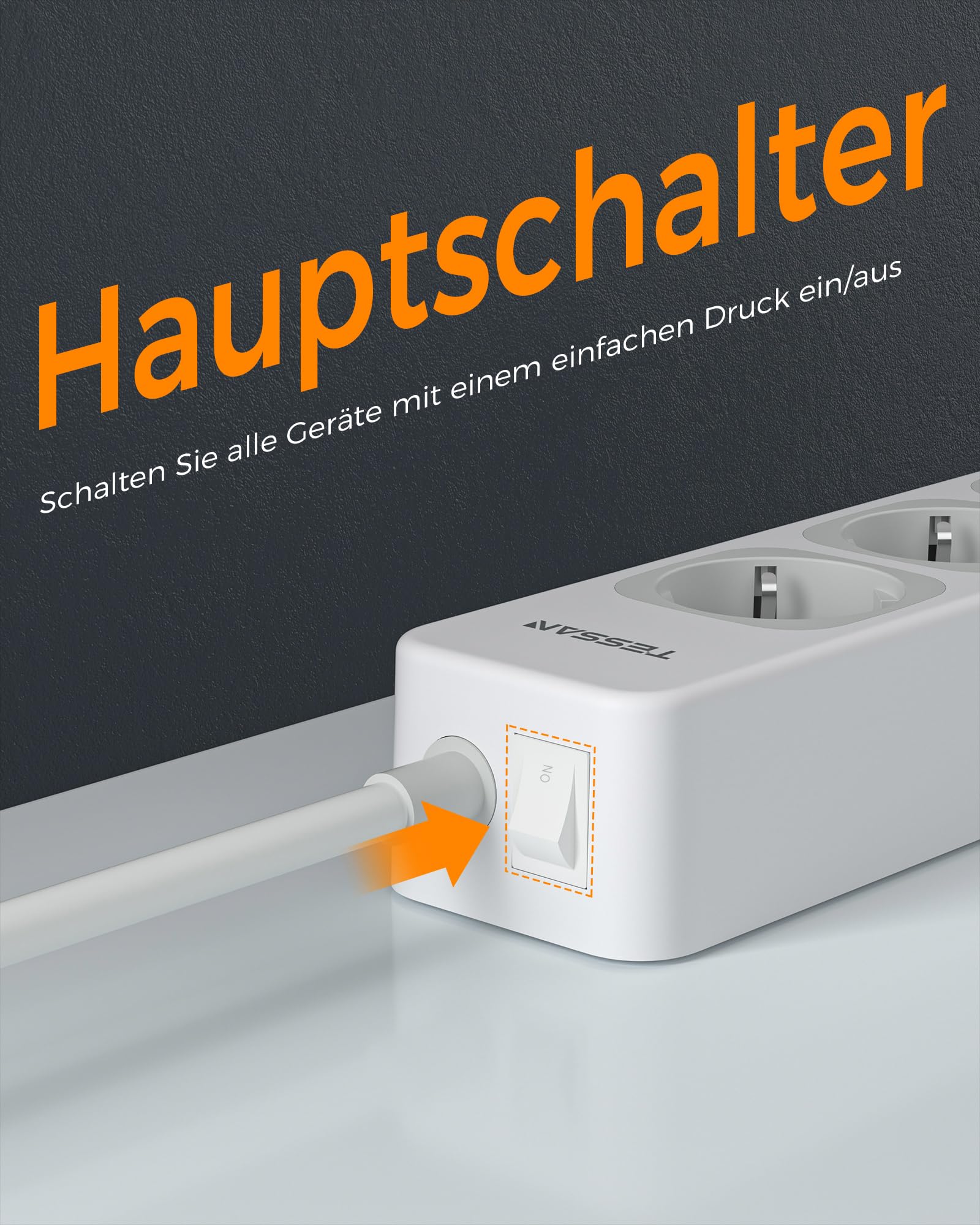 TESSAN 4 Fach Mehrfachsteckdose mit Verlängerungskabel 10 Meter, Grau