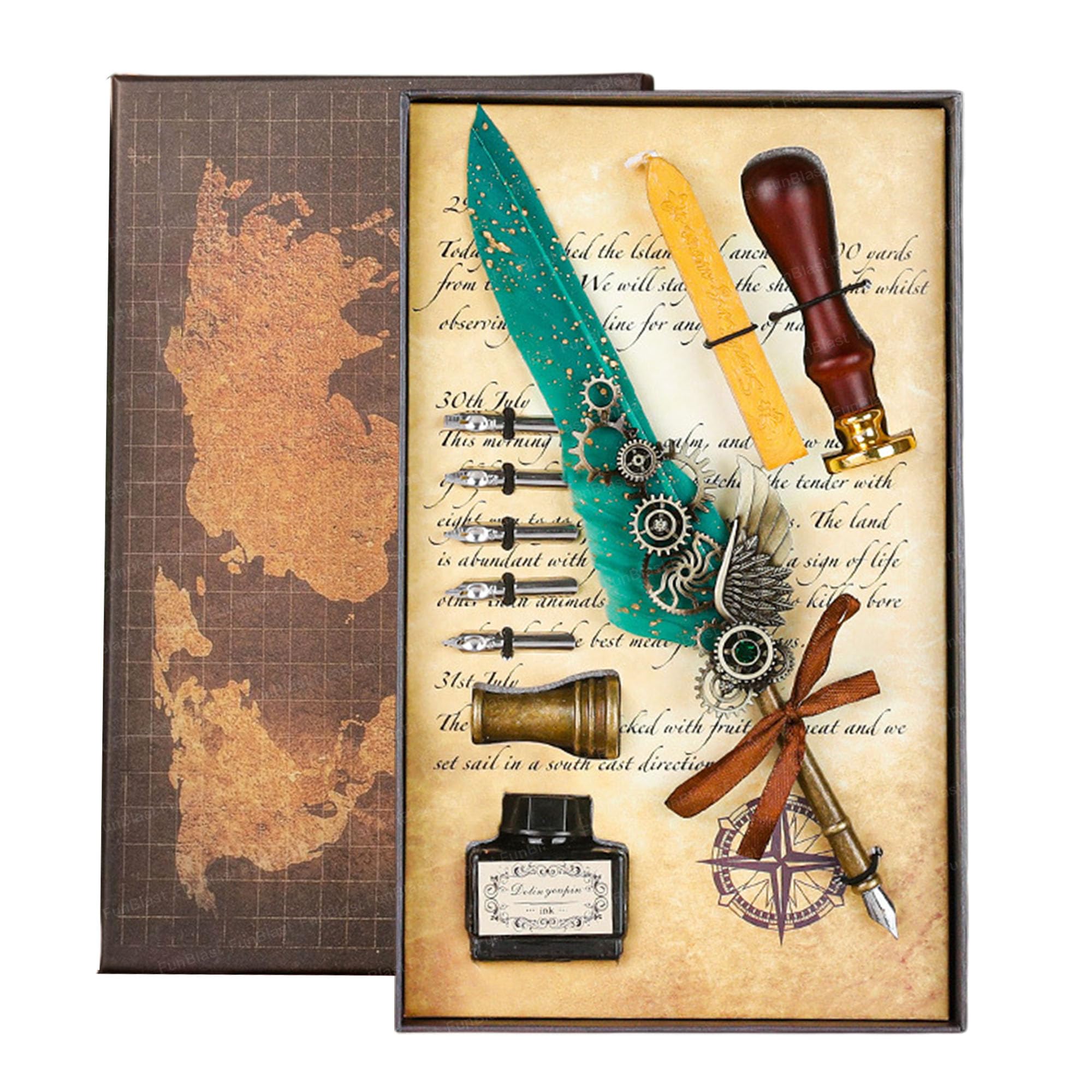 FunBlast Quill Pen and Ink Set - 10 Pcs, Sea Green - Image 1