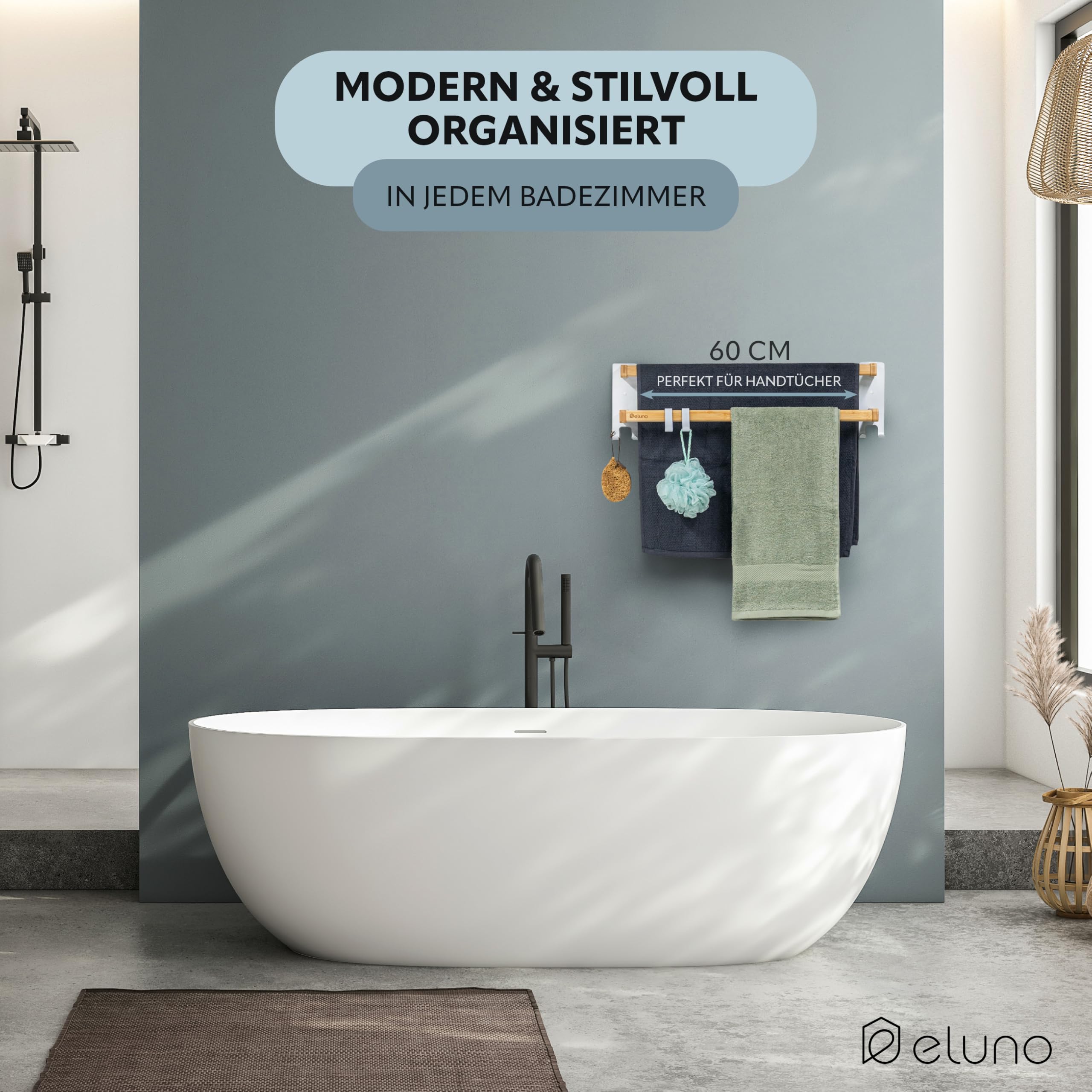 Eluno Handdoekhouder 2 Armig Van Bamboe In Natuurlijk Design Handdoekstang Ideaal Voor Keuken En Badkamer Geschikt Handdoeken Gastendoekjes Keukendoeken Om Te Plakken Of Boren 935565252