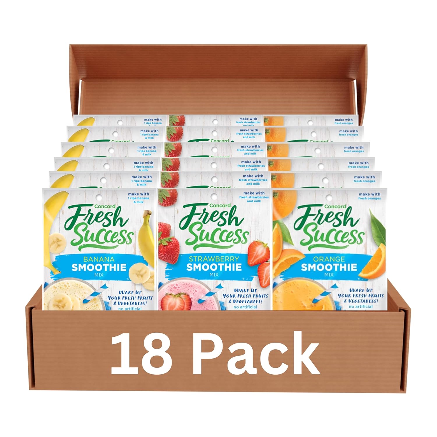 Concord Foods Strawberry, Banana & Orange Smoothie Mix Variety Pack, Fruit Flavor with No Artificial Flavors, Colors or Preservatives, 2 oz, 6 of Each, 18-Pack