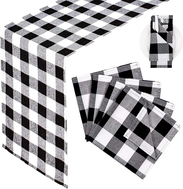 Whaline 12'' x 72'' Christmas Buffalo Check Plaid Table Runner with 4 Plaid Napkins, Cotton-Polyester Black White Table Runner for Indoor and Outdoor Parties, Family Dinner Christmas Party Events
