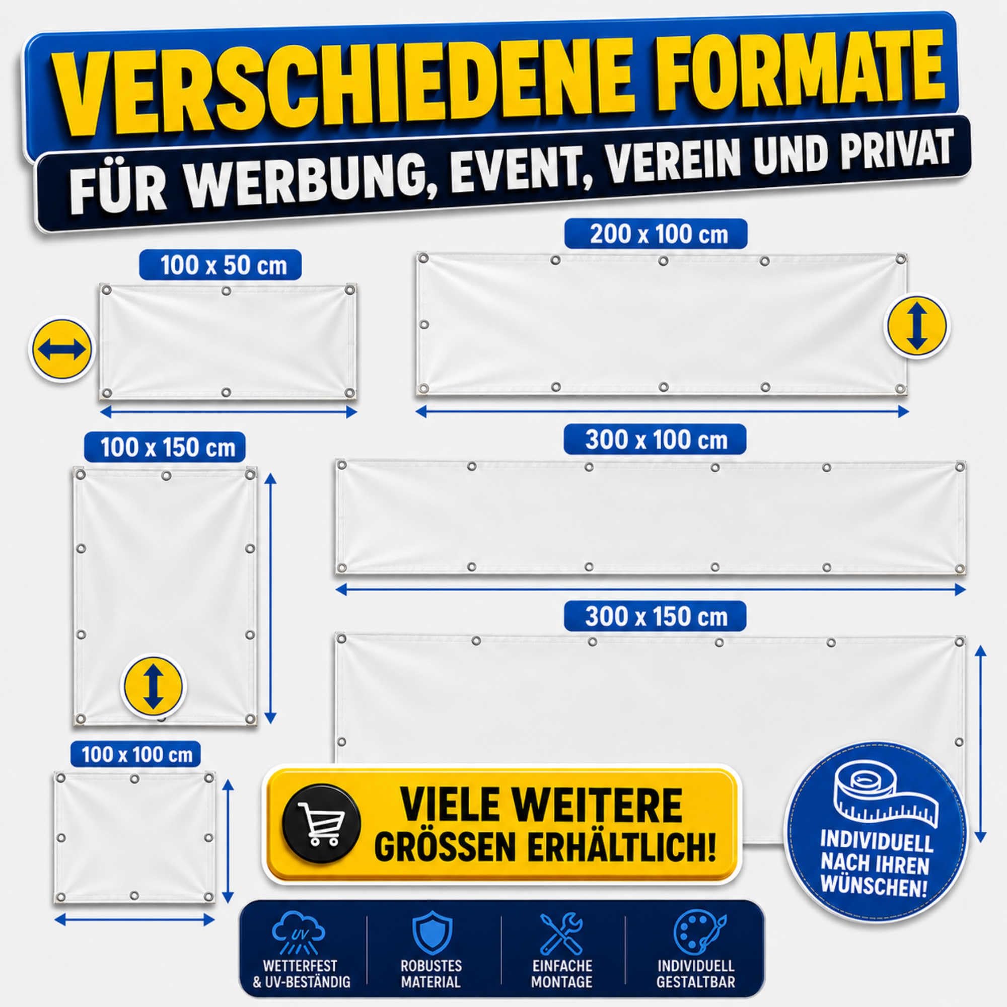 Banner selbst gestalten mit Foto, Wunschtext oder Bild - 100x100 cm - Plane personalisiert mit Saum & Ösen