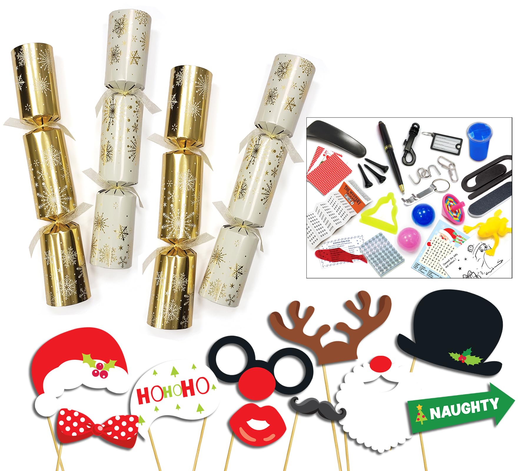 Diamond 50 x 12" Gold & Cream Snowflakes Catering Christmas Crackers with Premium content + 50pcs of party photo booth props on sticks
