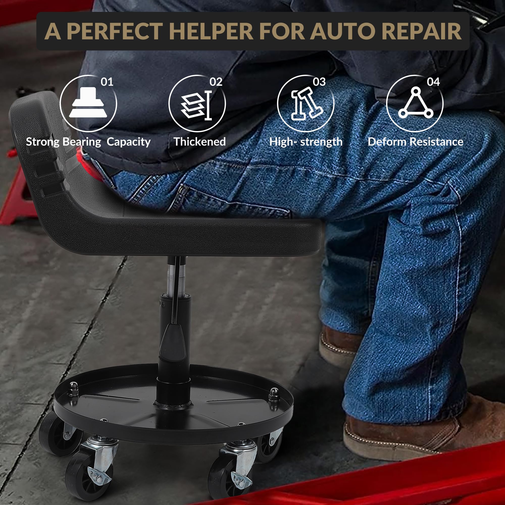 Garvee Taburete rodante, asiento mecánico resistente con ruedas, 44-57 cm, altura ajustable, con bandeja de almacenamiento de herramientas, capacidad de 136 kg, silla ergonómica acolchada con ruedas
