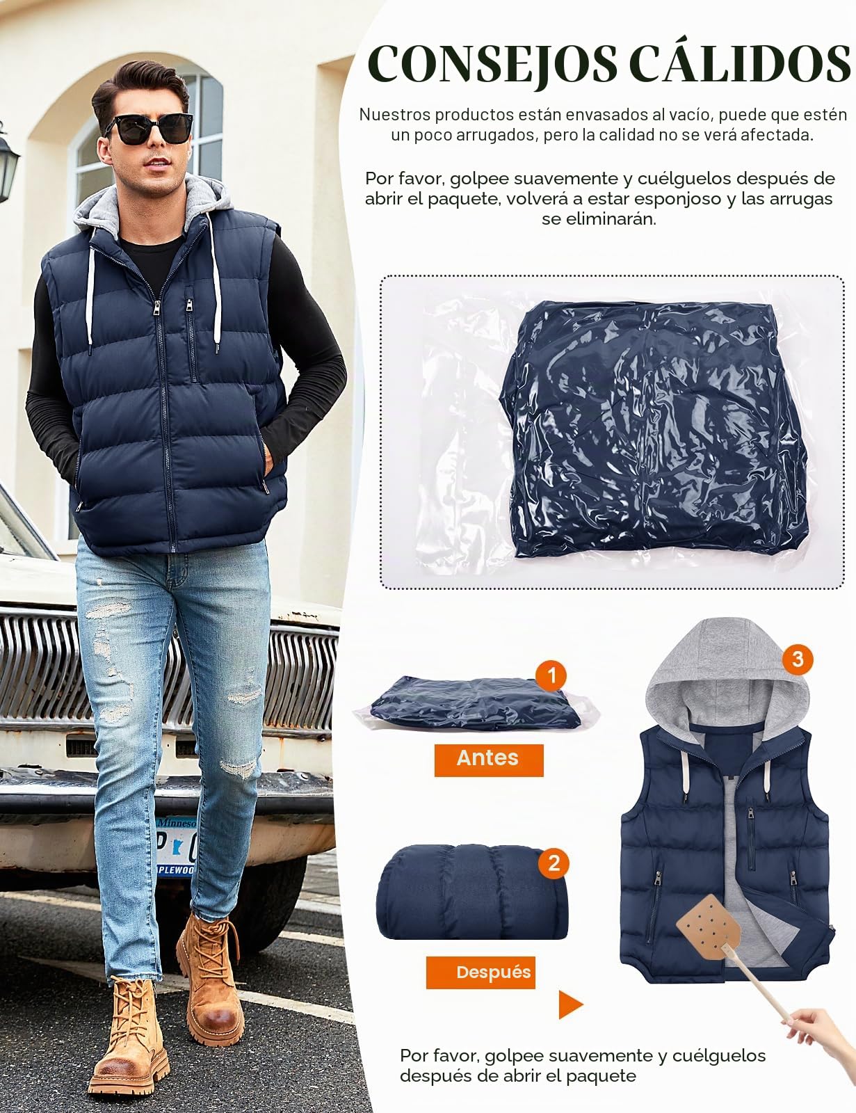 CMTOP Chaleco Hombre con Capucha Repelente al Agua Chalecos, Cálido Invierno Gilet con Cremallera Ligero Térmico Chaqueta Sin Mangas BodyWarmer Vest con Multibolsillos