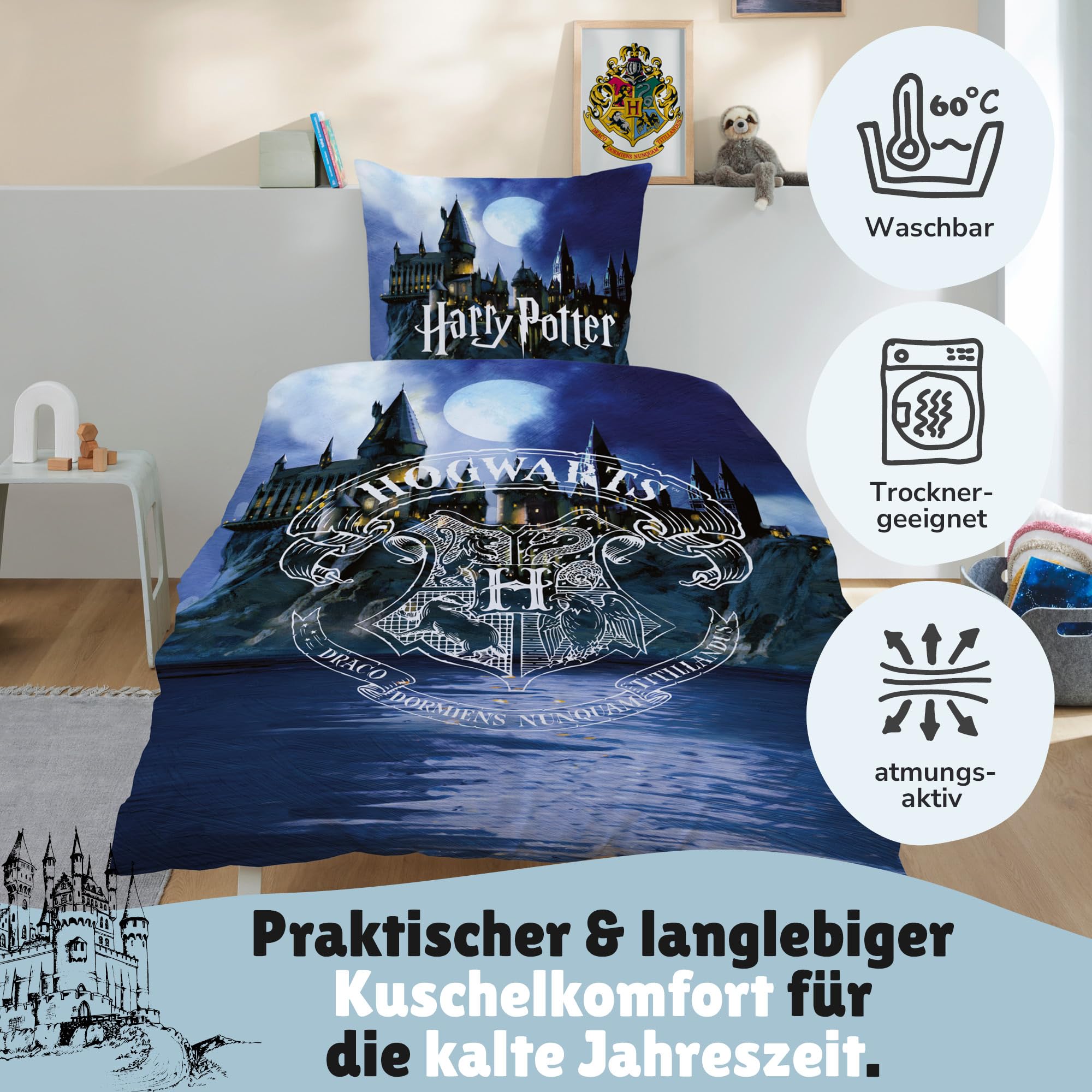 Familando – Harry Potter Bettwäsche-Set (2-teilig) – Decken- & Kissenbezug 135x200 cm & 80x80 cm mit Reißverschluss – Flanell aus 100% Baumwolle – Wendemotiv Hedwig & Hogwarts – Öko-TEX Zertifiziert
