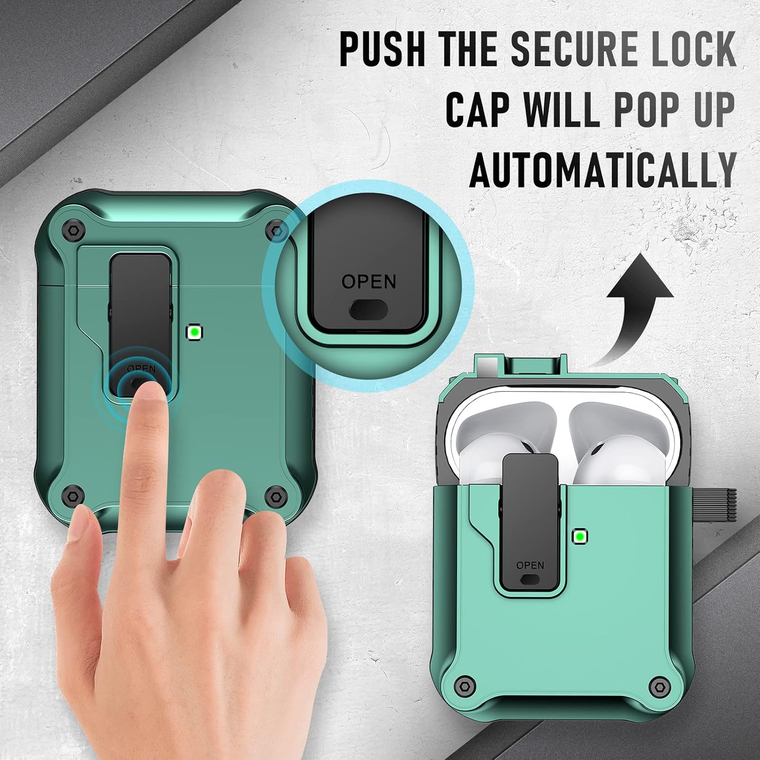 Valkit for Apple AirPods 2nd Generation Case with Secure Lock Clip, Hard Shell AirPod 1st Case Cover with Keychain for Men Women AirPod 2 Protective Wireless Charging Case for AirPods 2 & 1, Green