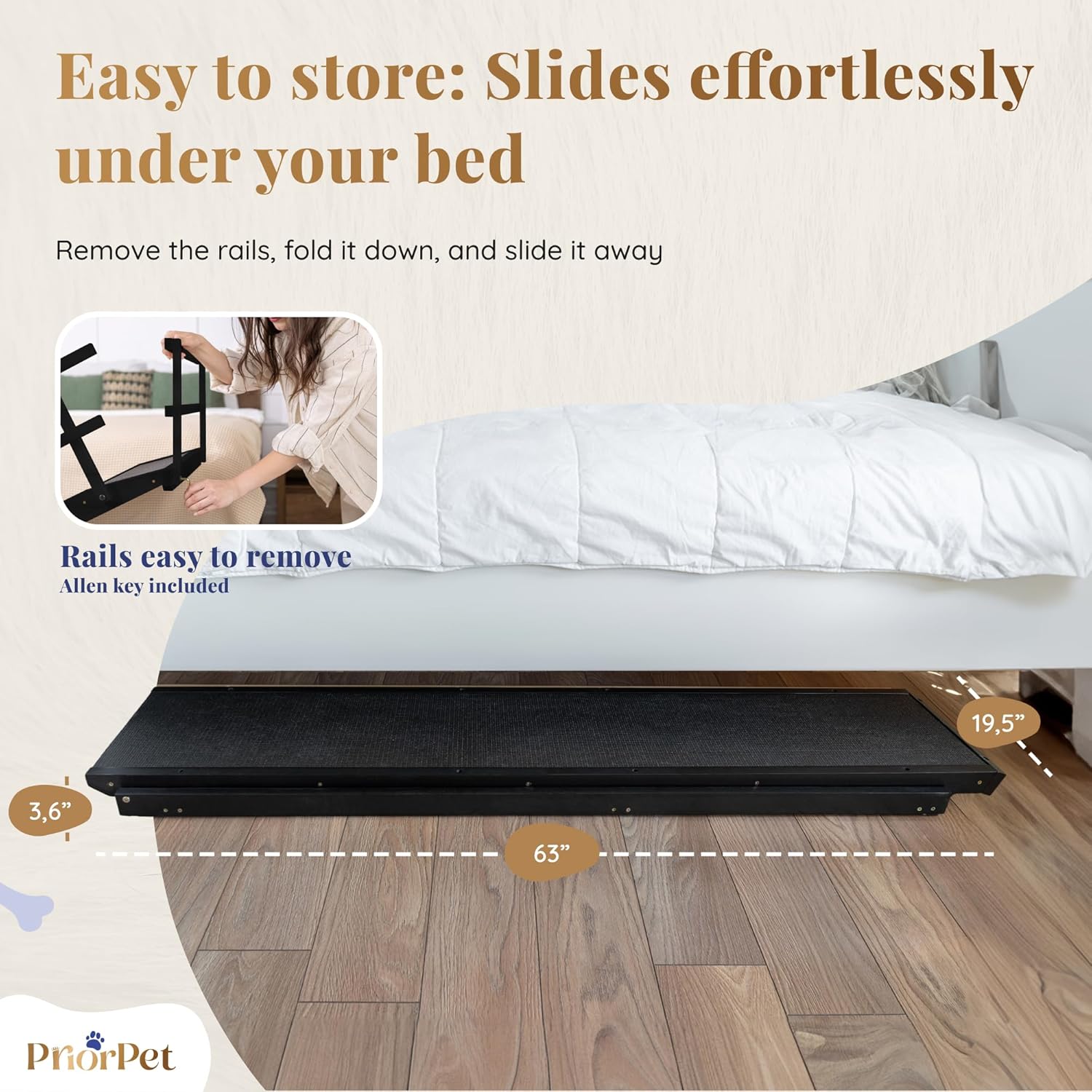 Dog Ramp for Bed with Safety Rails for High Beds up to 37" – Extra Wide 19.5" Adjustable Dog Bed Ramp for Large Dogs up to 200 lbs – Solid Birchwood, Non-Slip Rubber Surface, Foldable Design – Black