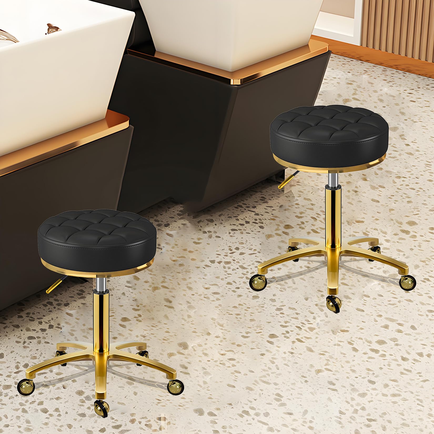 Rollhocker Gold Hocker mit Rollen, Rund Drehhocker Höhenverstellbar 43-55 cm, Komfort PU Leder Bürohocker Arbeitshocker Belastbar Bis 150kg, Schminkhocker für Massage Salon Spa (Schwarz)