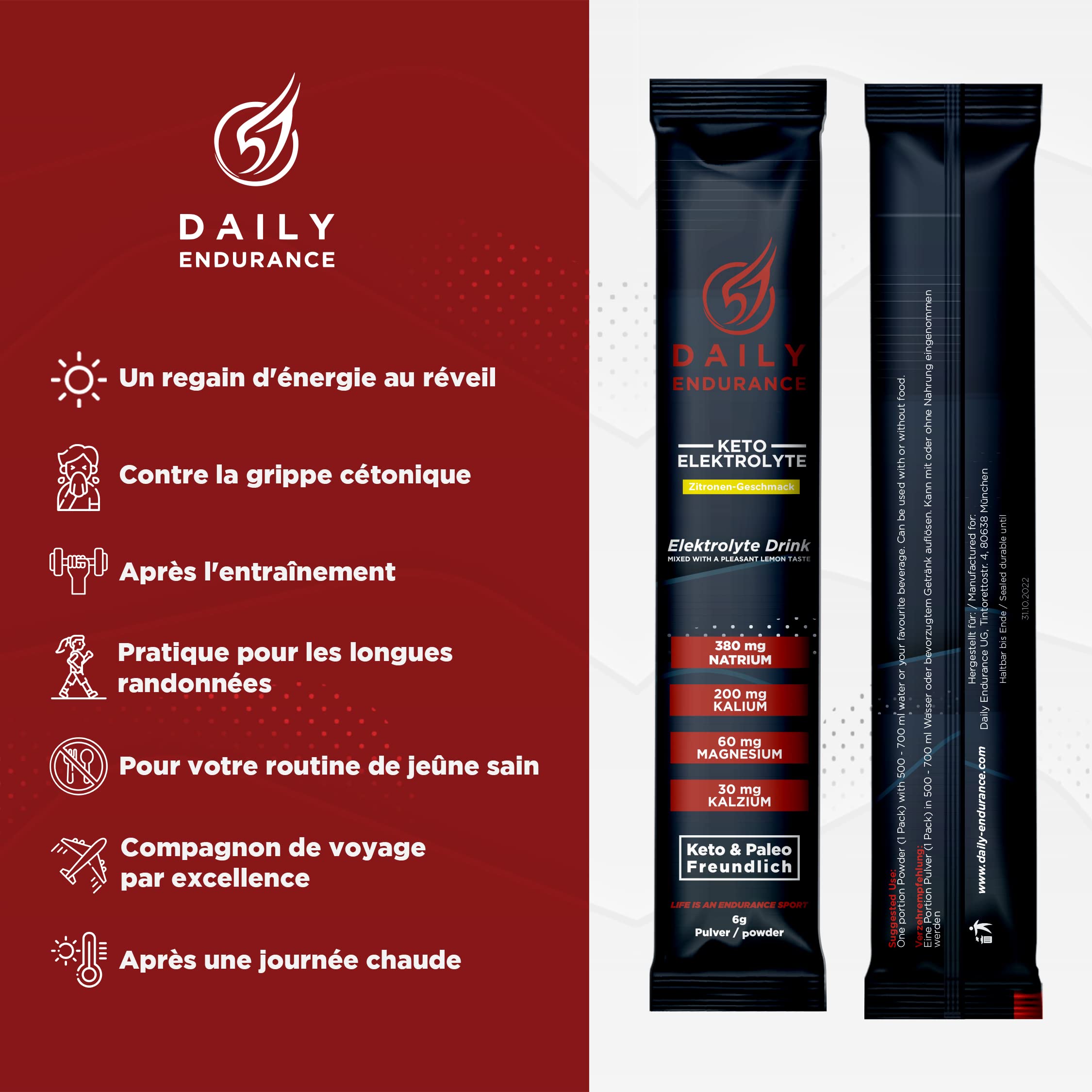 Keto Electrolyte | Favorise l' hydratation et la récupération | Low Carb, Keto & Paléo | Pas de sucre & Poudre végétalienne pour boisson energisante | 30 stick packs