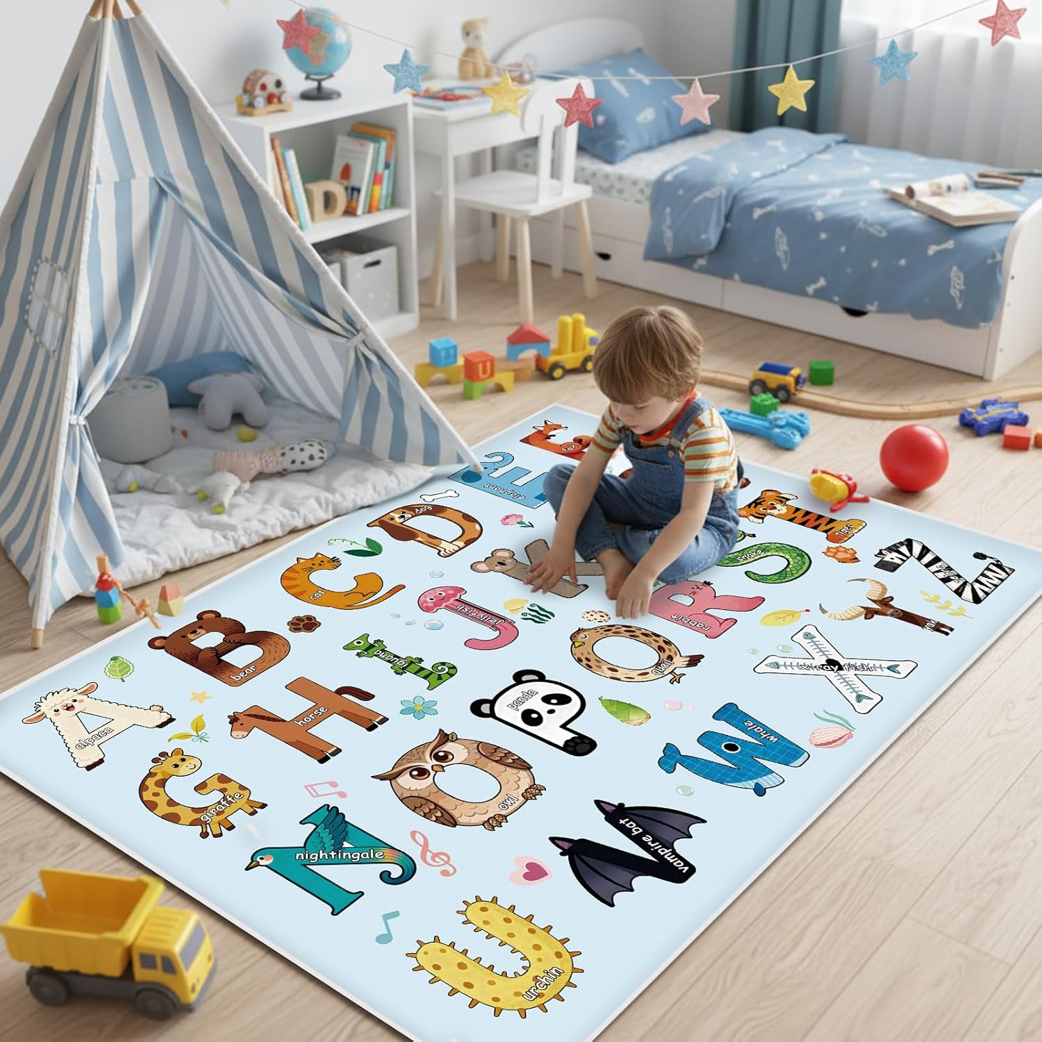 3x5ft Kids Animal Adventure Play Rug - Non-Slip Faux Wool Carpet with Imaginative Play Area Rug for Children Bedroom Playroom, Educational Mat for Kids Nursery Gift