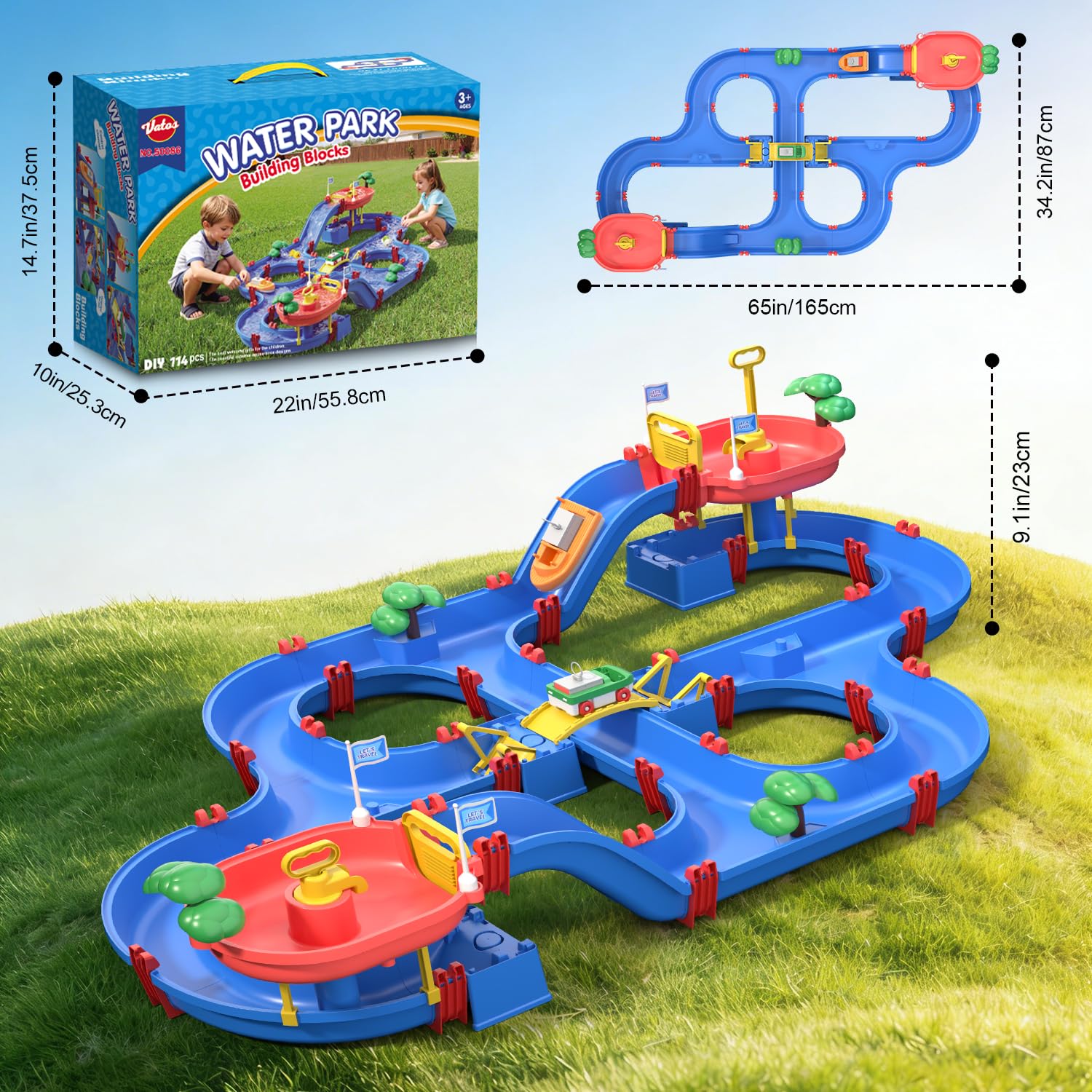 VATOS Kinder-Outdoor-Wasserräder-Spielzeug, 120 Stück, DIY-Wassertisch, Strandspielzeug auf Hinterhof, Rasen, Park, Pool, Wasserstraße, Spielzeug mit 2 Booten, Sommer-Outdoor-Aktivitätsfuns für