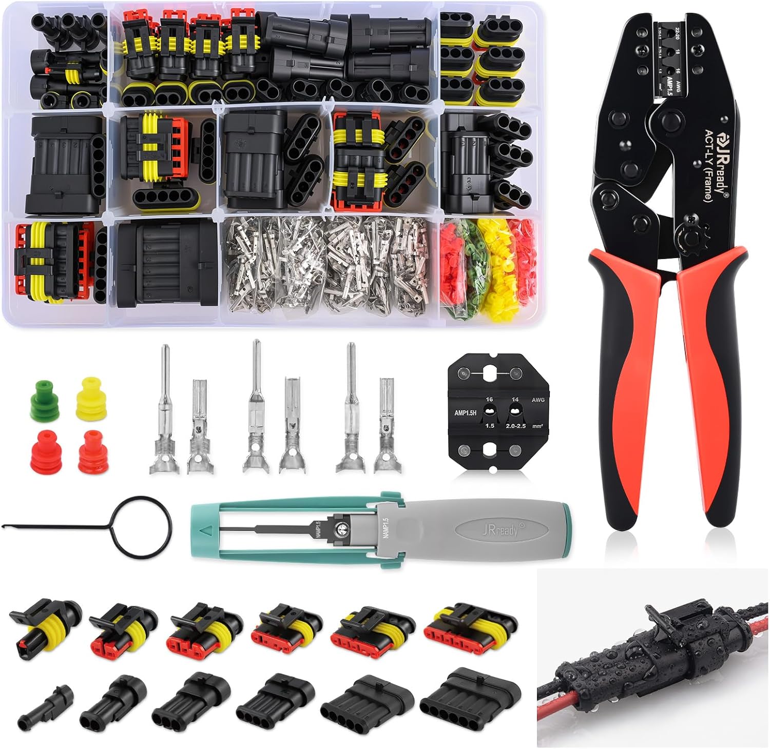JRready ST6525 Wire Electrical Connectors Superseal 1.5 Waterproof Automotive Connector Ratcheting Crimper Crimp Tool 1 2 3 4 5 6 Pin Plug Cap Housing Terminal With Pin Removal Extractor Tool 938Pcs