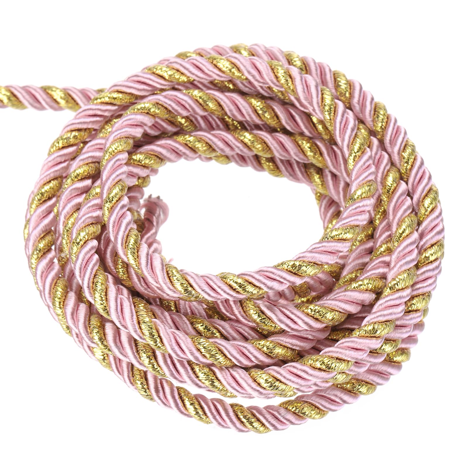 MECCANIXITY Twisted Cord Trim, 16 Yard 5mm 3-Ply Twine Braided Rope Shiny Thread String for Craft Gift Bag Curtain Christmas Decor, Pink & Gold-15m