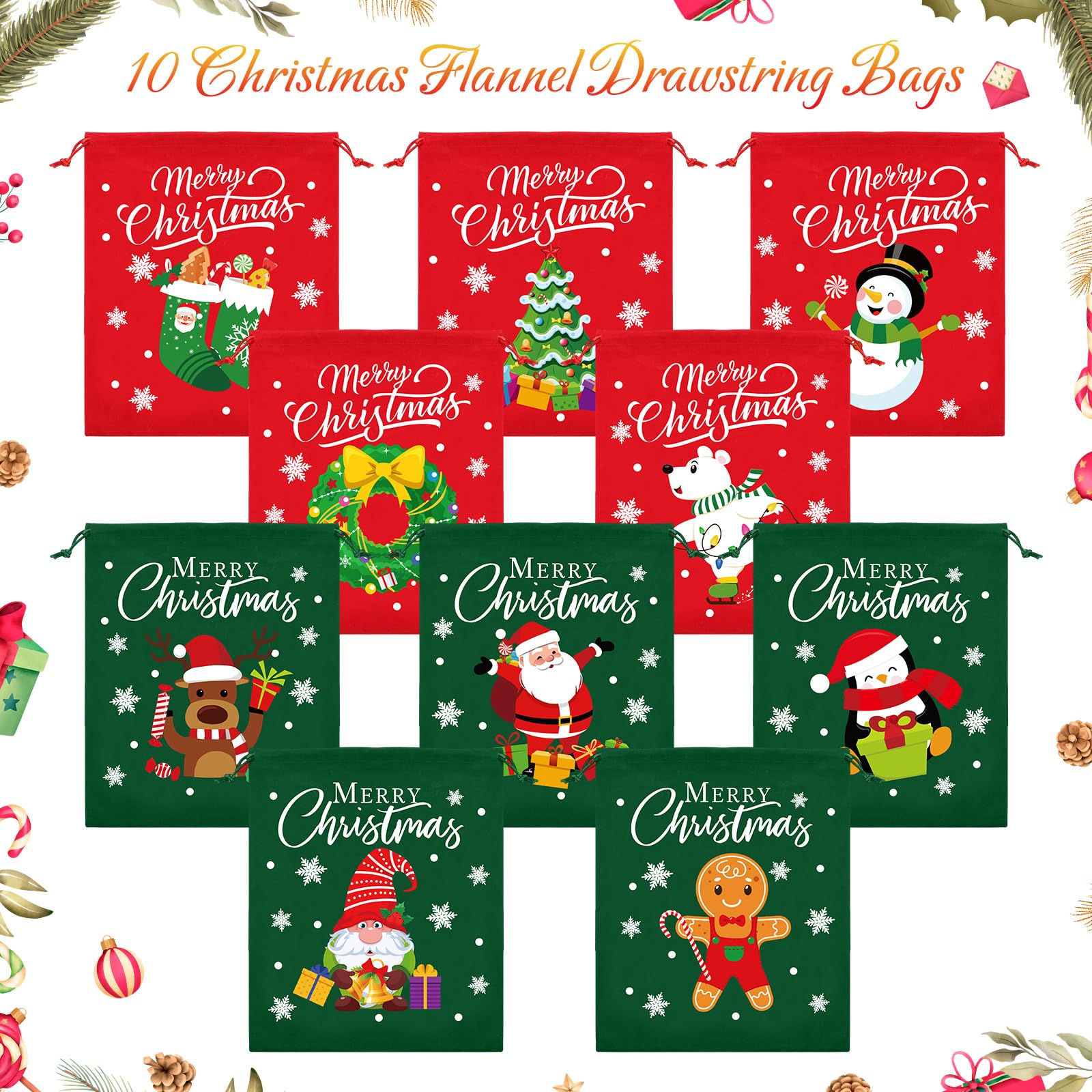 Abbylike 20 bolsas de franela de Navidad con cordón a granel, bolsas de regalo de Navidad de Papá Noel, bolsas de regalo de Navidad de tamaño mediano para envolver dulces para regalos de fiesta, 7.87