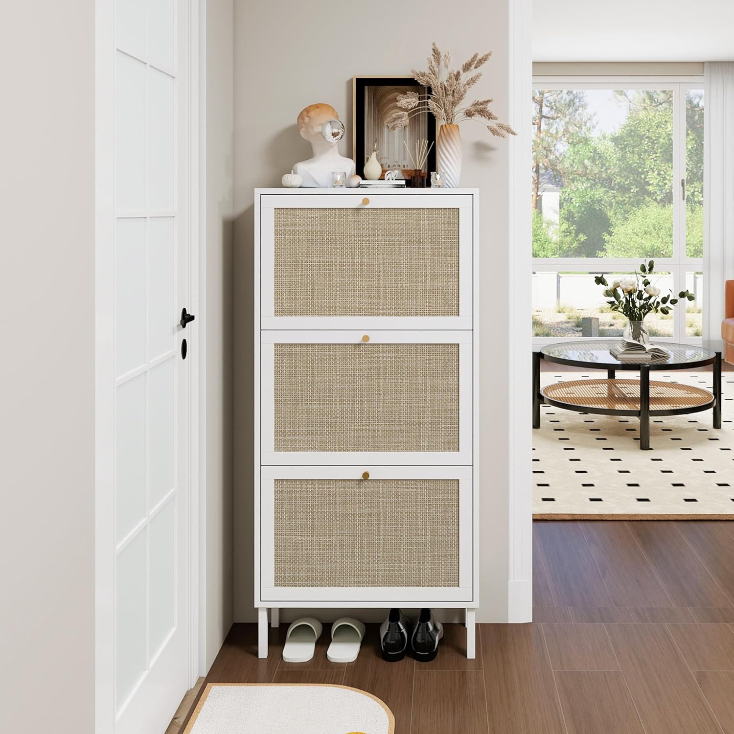 ZeHuoGe Rattan Shoe Cabinet with 3 Flip Drawers, Narrow Hidden Shoe Rack Storage Cabinet for Heels,Slippers, Free Standing Shoe Rack, Entrance Hallway Entryway (White)