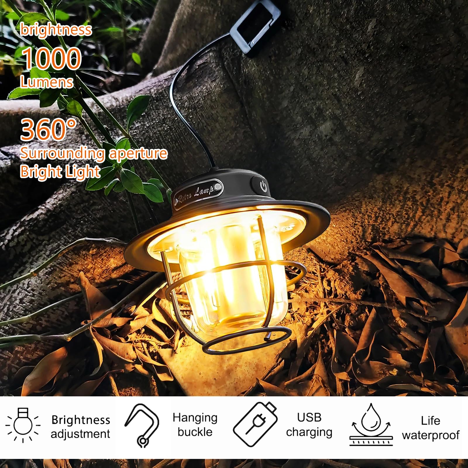 Lampa kempingowa LED, przenośna lampa kempingowa, ładowana, USB do zawieszenia, bezstopniowa regulacja natężenia światła 1300-6500 K, lampa wisząca w stylu retro, lampa kempingowa IPX4, wodoszczelna w