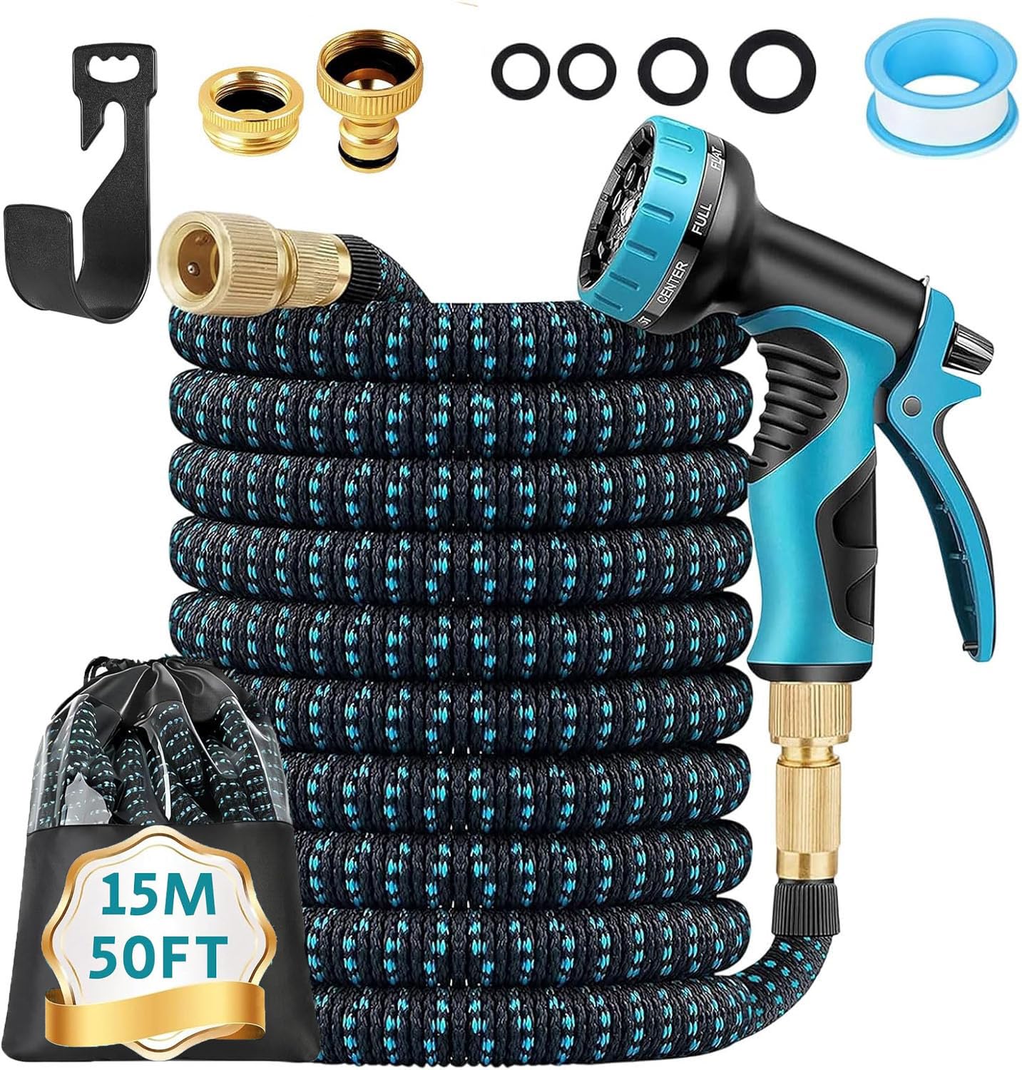 Tuyau Arrosage Extensible - 15m/50FT Tuyau d'arrosage Flexible avec 10 Modèles de Pulvérisation, Connecteurs Métalliques 1/2" et 3/4" Garden Hose,Latex Triple Épaisseur Durable (15M/50FT)