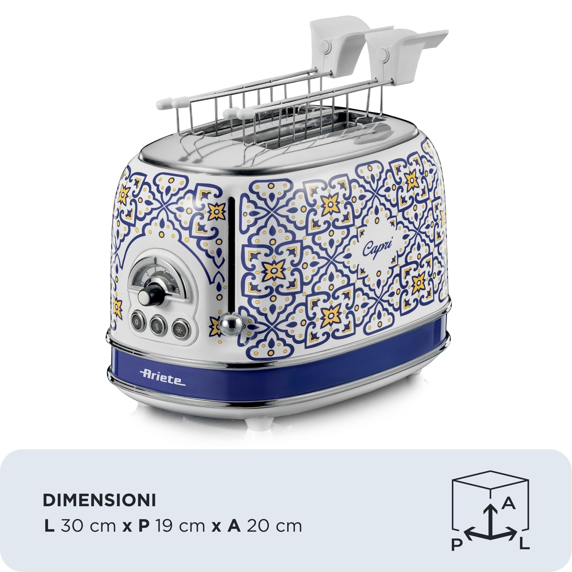Ariete 155 Tostapane Capri, 810W, 2 fette, 6 livelli di doratura, Vassoio raccogli briciole, Funzione defrost, Espulsione automatica, Con pinze, Bianco e Blu