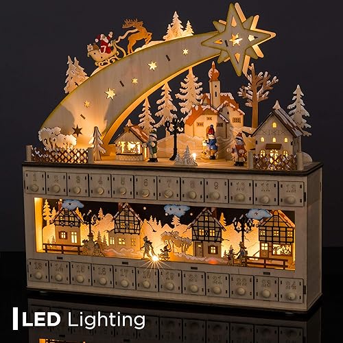 Miniatura 5 de Best Choice Products Calendario de Adviento de Navidad de madera, decoración navideña de estrella fugaz con fondo de luz LED a pilas