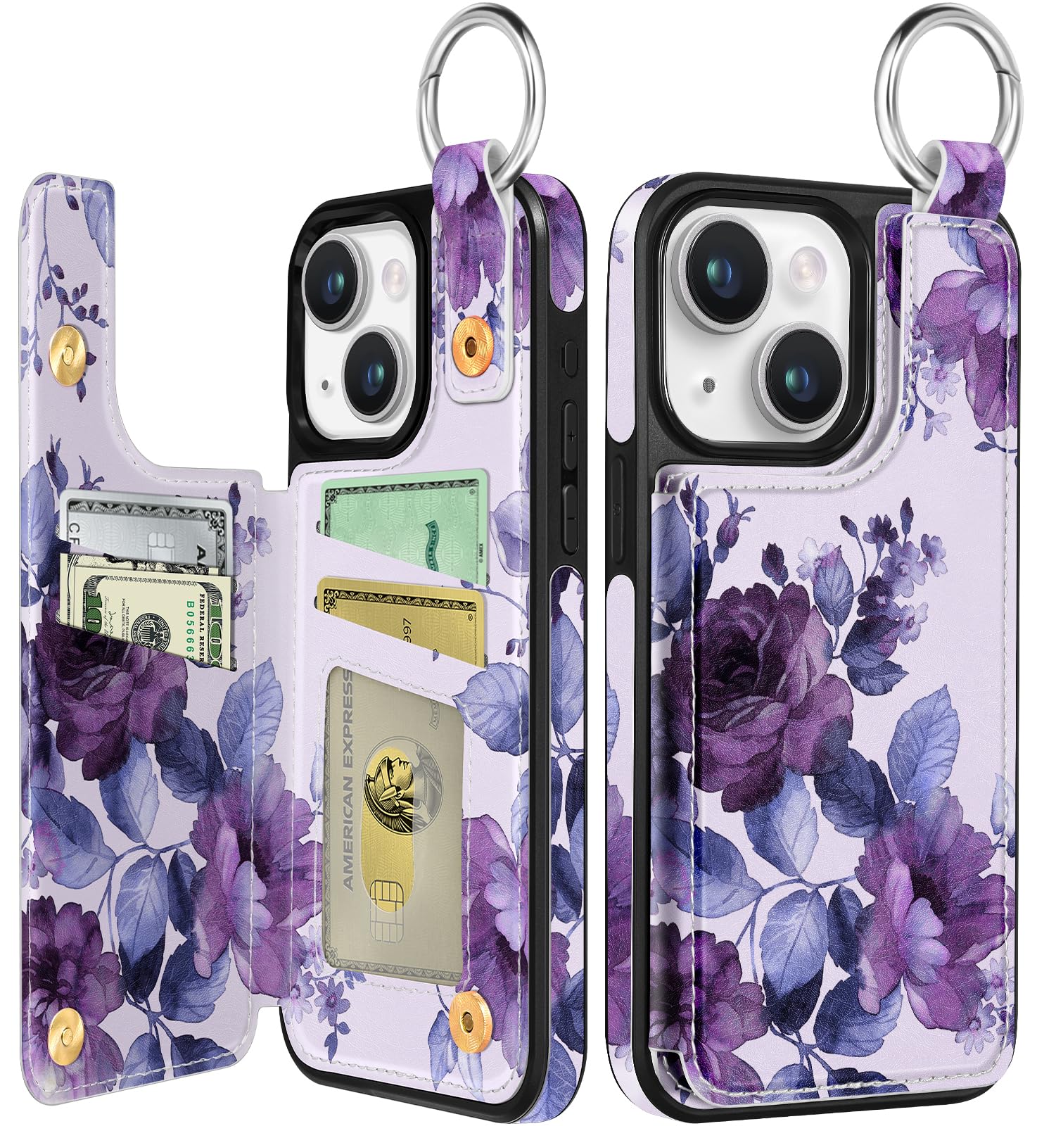 Shorogyt Compatible with iPhone 14 Wallet Case with Card Holder - Designer Purple Flower Pattern Kickstand Magnetic Clasp Back Flip Folio Leather