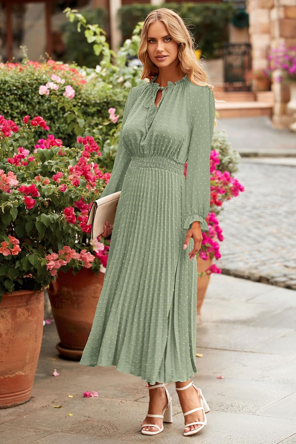 PRETTYGARDEN Women's 2026 Spring Fall Midi Dress Casual Long Sleeve V Neck Swiss Dot Pleated A Line Flowy Dresses