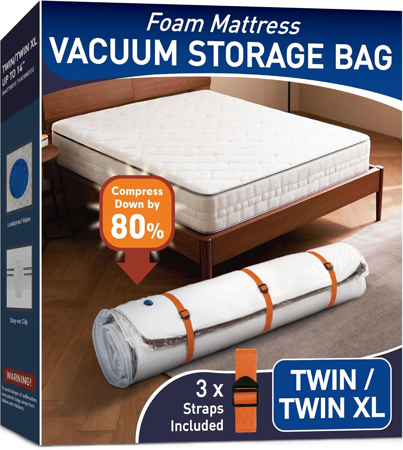Mattress Vacuum Storage Bag for Memory Foam, Latex and Hybrid Mattress, Easy Moving and Storage (Twin/Twin XL Size)