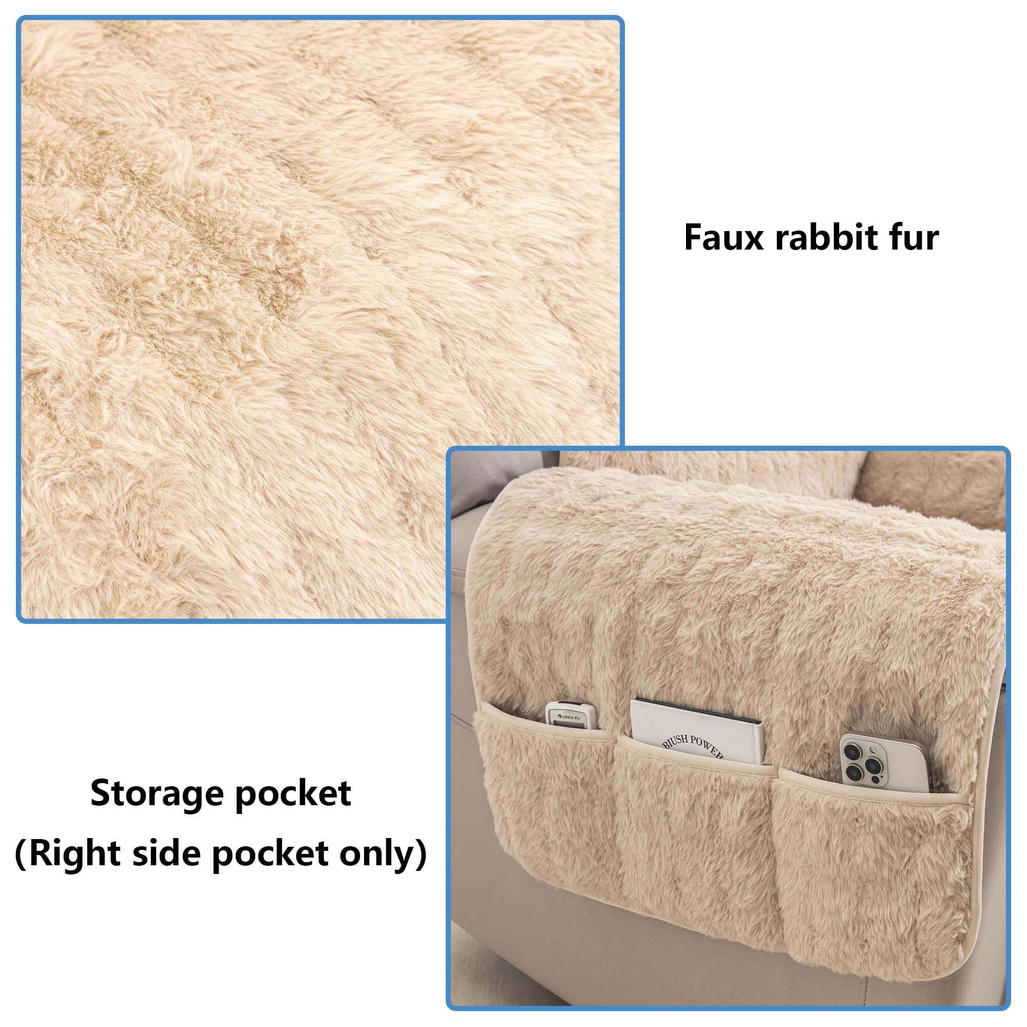 Sesselüberwurf für Relaxsessel, weich gepolsterter Sesselschoner aus Kunstkaninchenfell, rutschfest, mit wasserdichter Schicht, Tasche, waschbar, bis 60 cm (Beige, Sitzbreite bis 60 cm)
