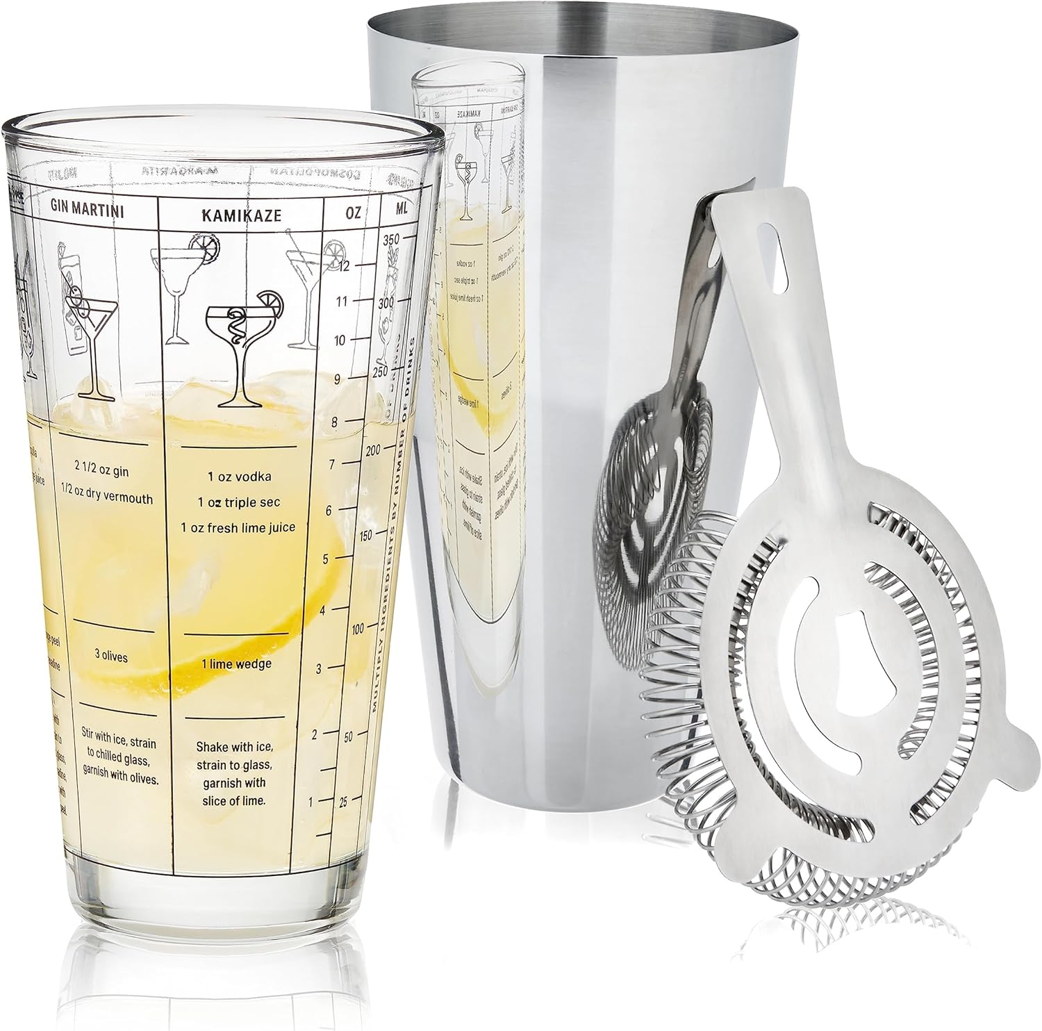 True 3-Piece Barware Set with 7 Cocktail Recipes and Measurements Printed on Mixing Glass, Glass and Stainless Steel - Thumbnail 2