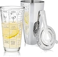 True 3-Piece Cocktail Shaker Set with Recipe-Printed Mixing Glass, Tin & Hawthorne Strainer - Home Bar Essentials for Beginners