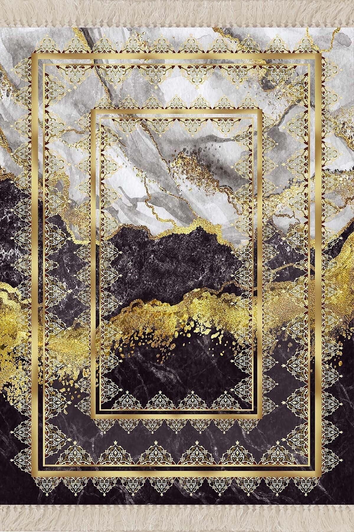 Pelangi Siyah Mermer Desenli Halı, Siyah-Beyaz 160 x 230
